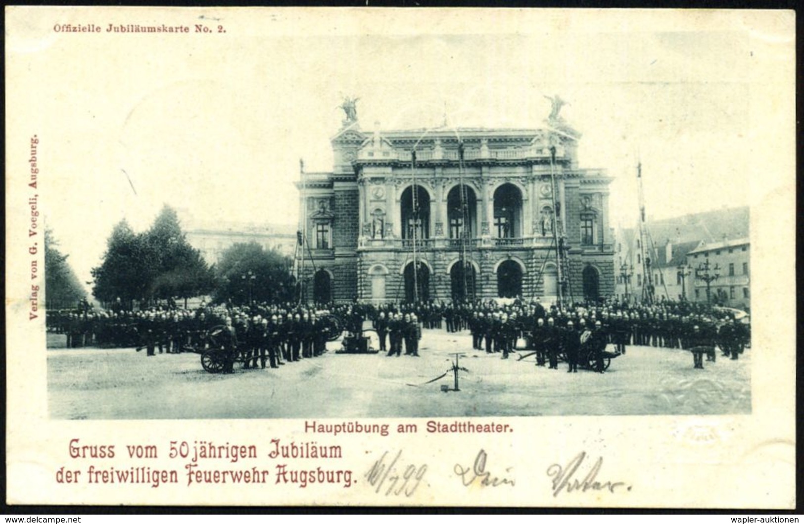 AUGSBURG 2 Bhf 1899 (Jul.) 1K Auf PP 5 Pf. Wappen, Grün: 50 Jähr.Jubiläum Der Freiwilligen Feuerwehr (Hauptübung Am Stad - Sapeurs-Pompiers