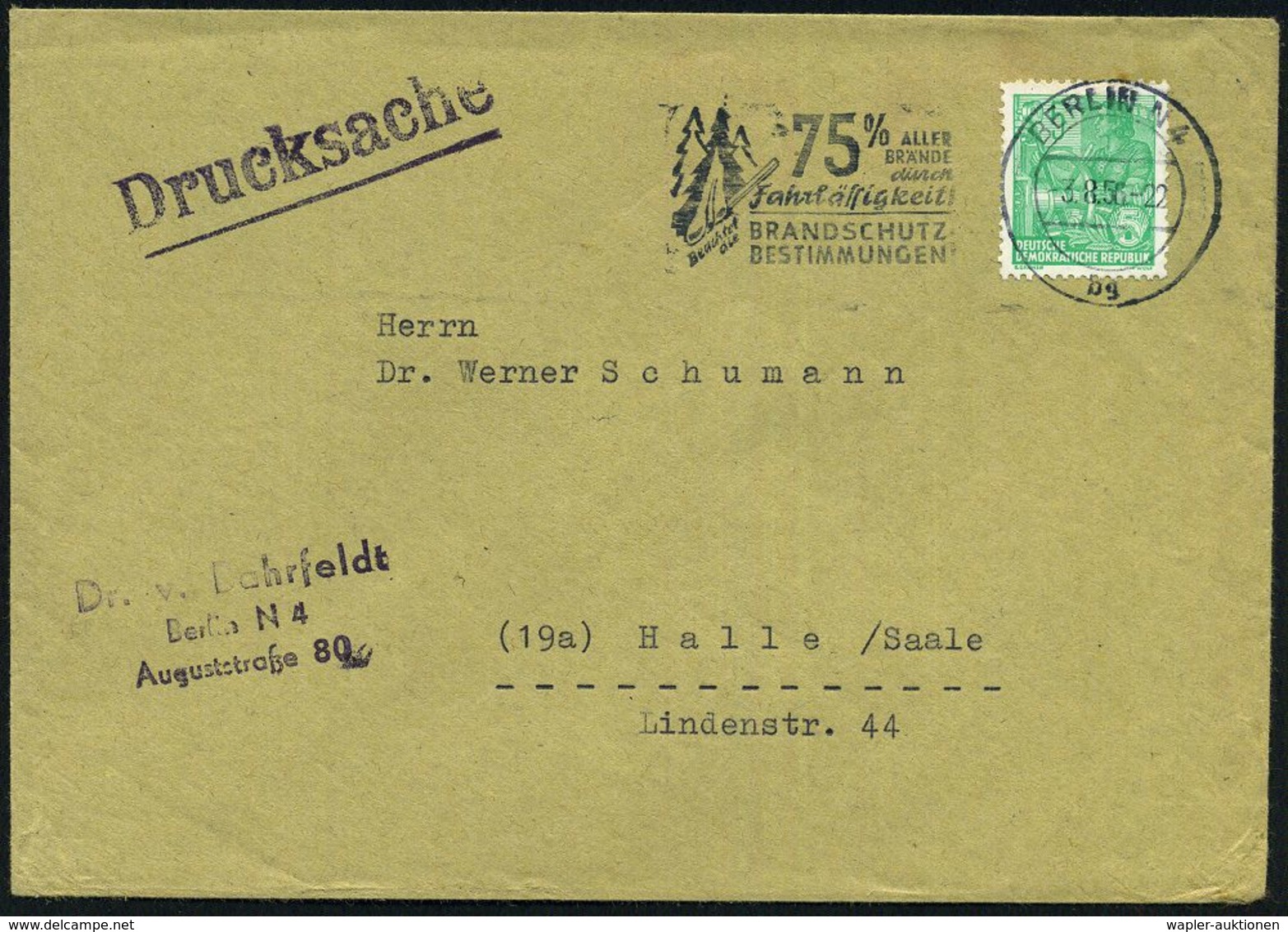 BERLIN N4/ Bg/ 75% ALLER/ BRÄNDE/ Durch/ Fahrlässigkeit!.. 1956 (3.8.) MWSt = Zündholz Vor Tannen , Klar Gest. Fern-Bf.  - Brandweer