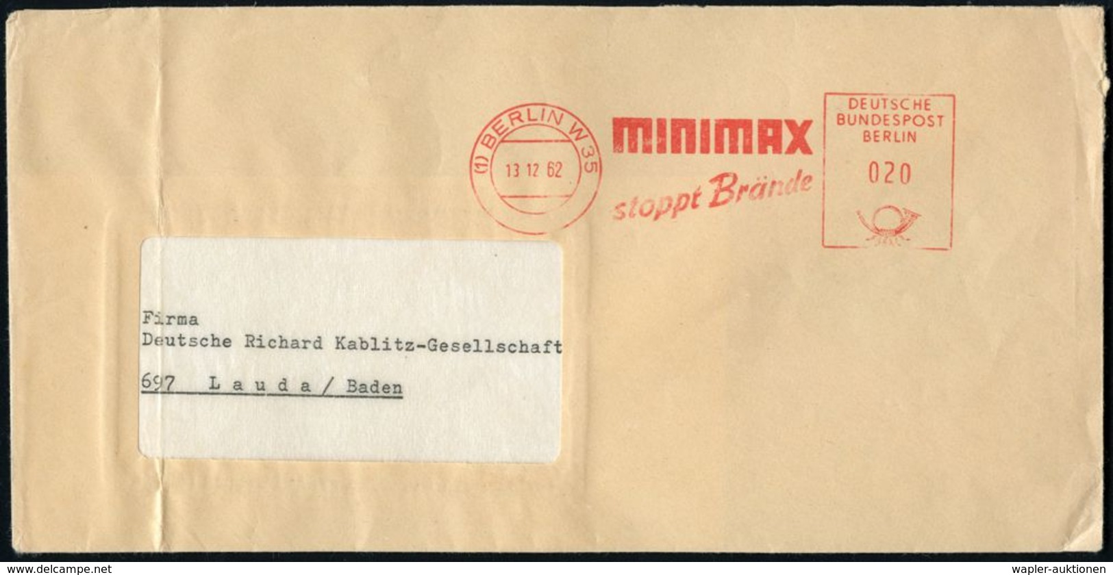 (1) BERLIN W 35/ MINIMAX/ Stoppt Brände 1962 (13.12.) AFS, Rs. Abs.-Vordruck (Bf. Links Gefaltet) Inl.-Bf. (Dü.E-24B) -  - Pompieri