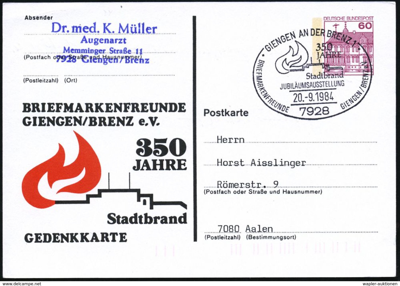 7928 GIENGEN AN DER BRENZ 1/ 350 JAHRE/ Stadtbrand.. 1984 (20.9.) SSt = Flammendes Dach , Motivgl. PP 60 Pf. Burgen, Bed - Brandweer