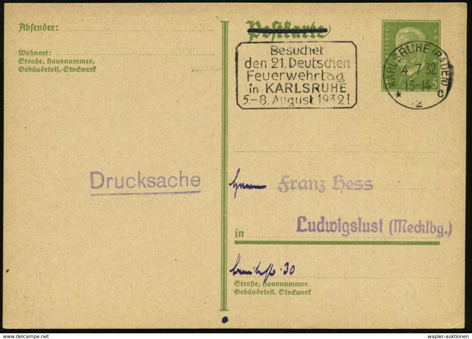 KARLSRUHE (BADEN)/ *2c/ Besuchet/ Den 21.Deutschen/ Feuerwehrtag../ 5.-8.August 1932 (4.7.) MWSt Klar Auf Inl.-Karte (Bo - Pompieri