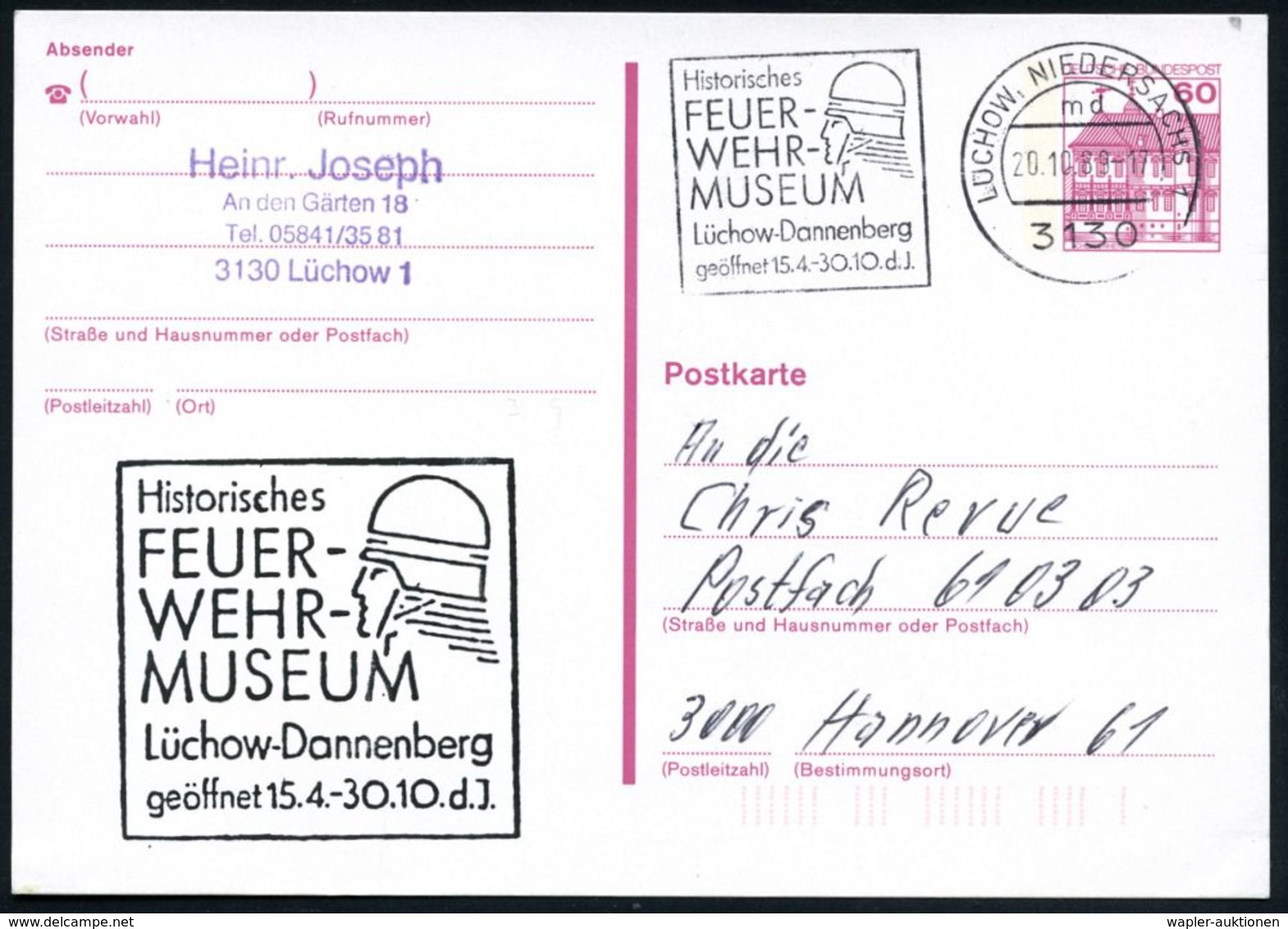 3130 LÜCHOW,NIEDERSACHS 1/ Md/ Histor./ FEUER-/ WEHR-/ MUSEUM/ Lüchow.. 1989 (Okt.) MWSt = Kopf Mit Feuerwehrhelm Auf Am - Pompieri