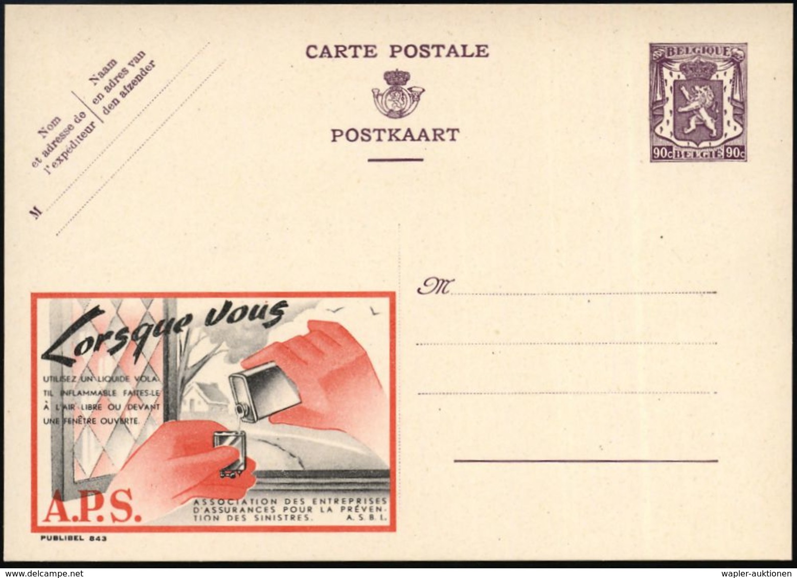 BELGIEN 1948 90 C. Reklame-P, Braunlila: Lorsque Vous...A.P.S. = Hantieren Mit Feuerzeug-Benzin , Französ.Text, Ungebr.  - Sapeurs-Pompiers