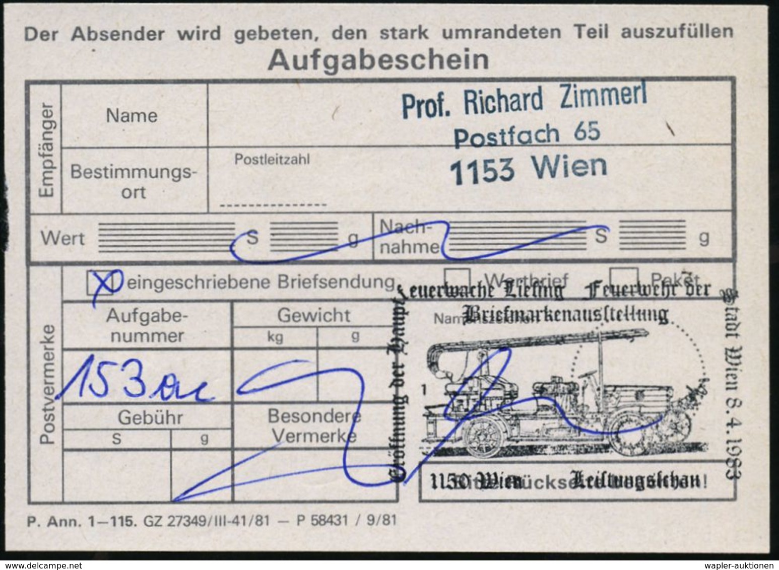 ÖSTERREICH 1983 (8.4.) SSt.: 1150 Wien/Eröffnung Der Hauptfeuerwache Lieling../Feuerwehr.. (histor. Leiter-LKW) 4x + Son - Bombero
