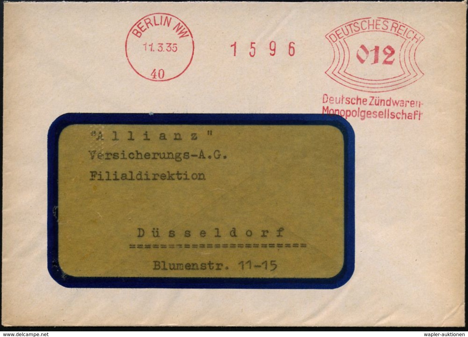 BERLIN NW/ 40/ Deutsche Zündwaren-/ Monopolgesellschaft 1935 (Feb.) AFS , Rs. Abs-Vordr.!, Klar Gest. Fernbf. (Dü.E-1BAm - Sapeurs-Pompiers