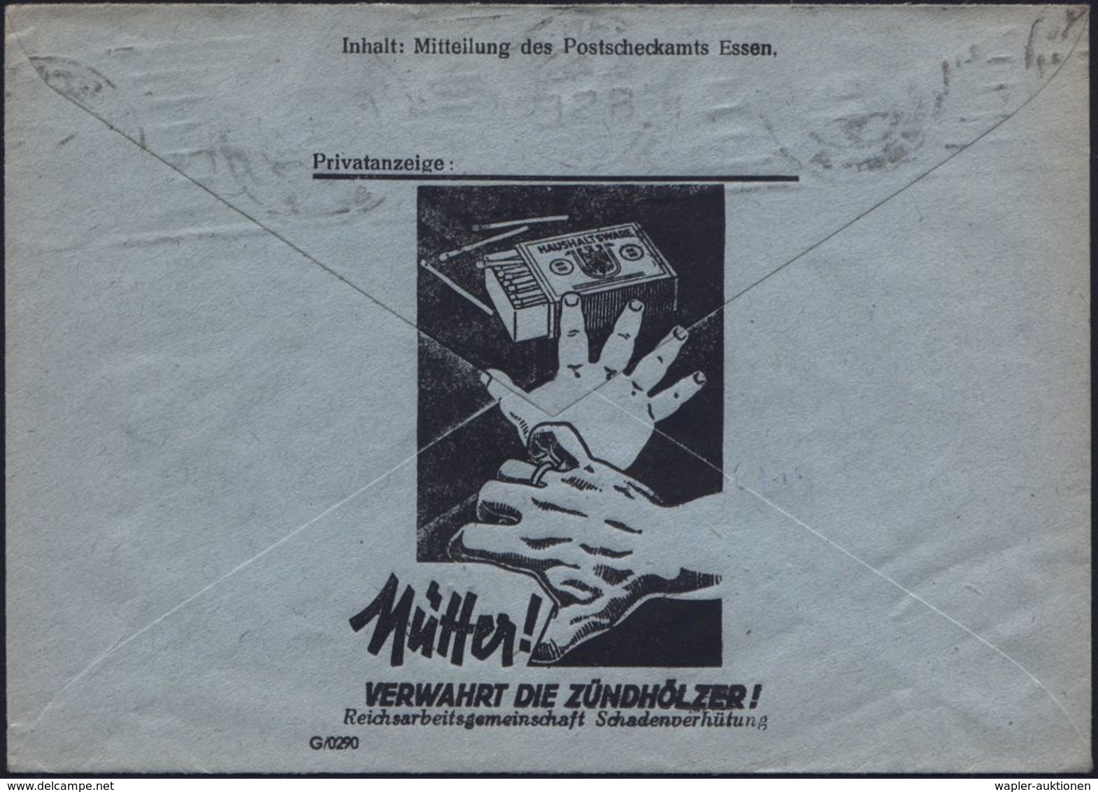 ESSEN/ PSchA/ P 1942 (Dez.) BdMaSt = Postscheckamt (kriegsbedingt Abgenutzt) Seltener PSch-Dienstbf. , Rs. Reklame: Mütt - Feuerwehr