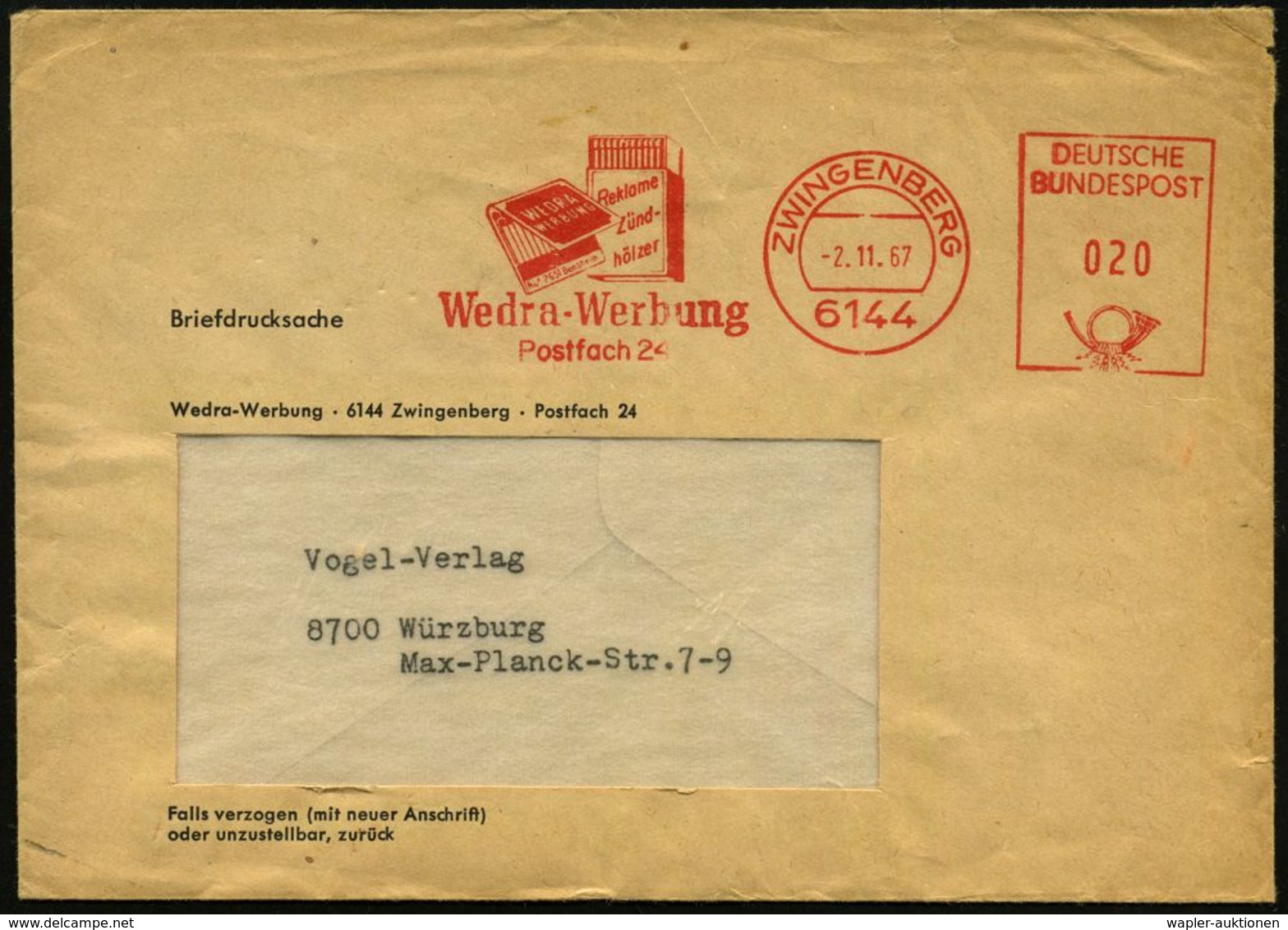 6144 ZWINGENBERG/ Wedra-Werbung/ Reklame-Zündhölzer 1965 (2.11.) AFS = Zündholz-Schachtel U. -Heft, Klar Gest. Inl.-Bf.  - Brandweer