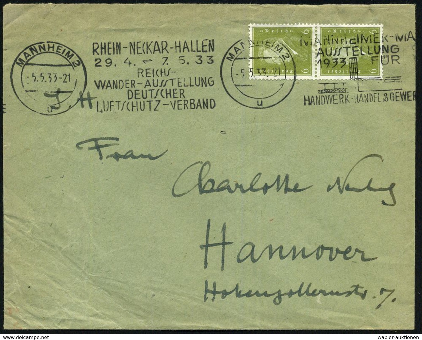 MANNHEIM 2/ U/ RHEIN-NECKAR-HALLEN/ ..REICHS-/ WANDER-AUSST./ DEUTSCHER/ LUFTSCHUTZ-VERBAND 1933 (5.5.) Seltener BdMWSt  - Sapeurs-Pompiers