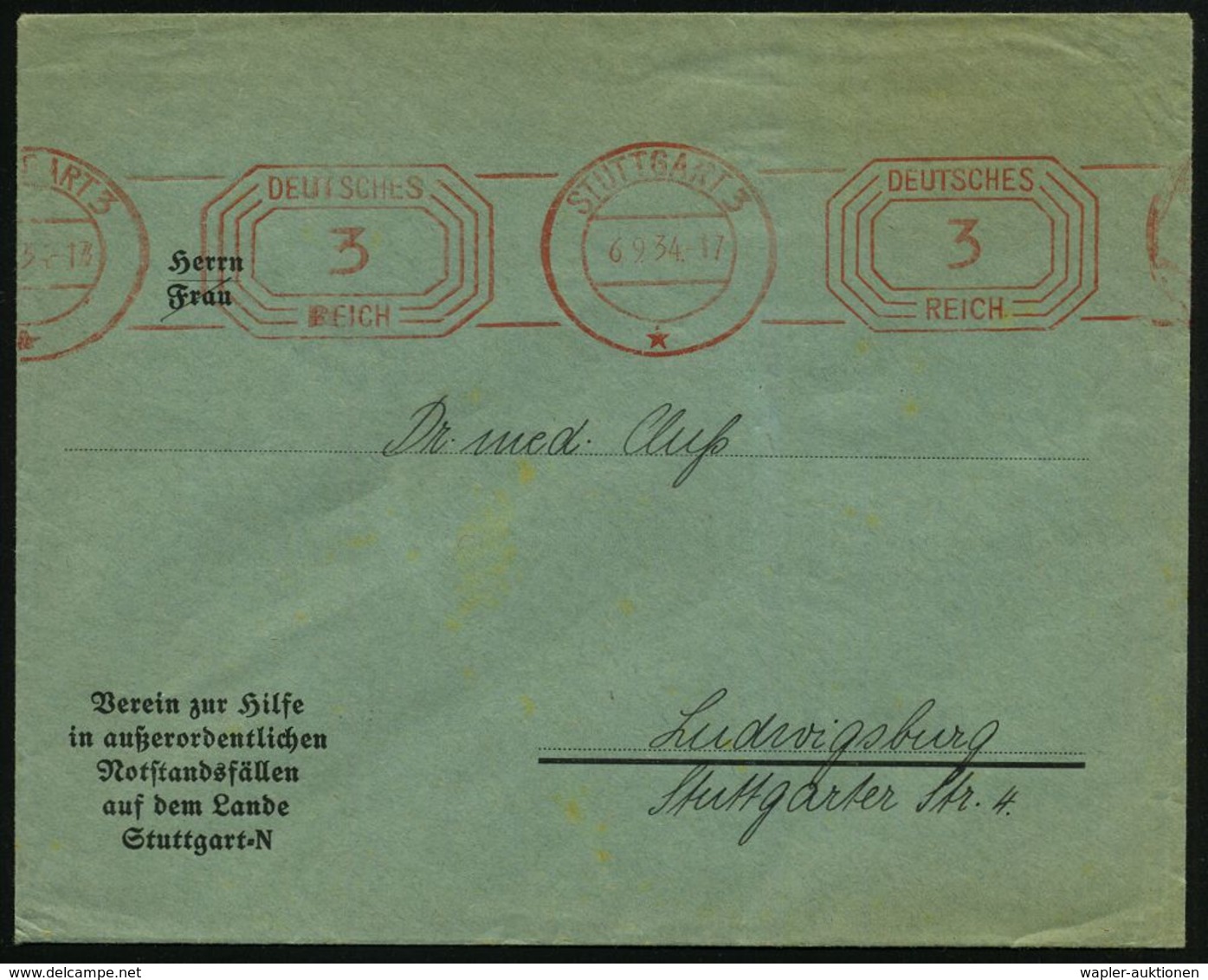 STUTTGART 3/ */ DEUTSCHES/ REICH 1934 (6.9.) Seltener PFS 3 Pf. Auf Vordruck-Bf.: Verein Zur Hilfe In Außerordentl. Nots - Brandweer