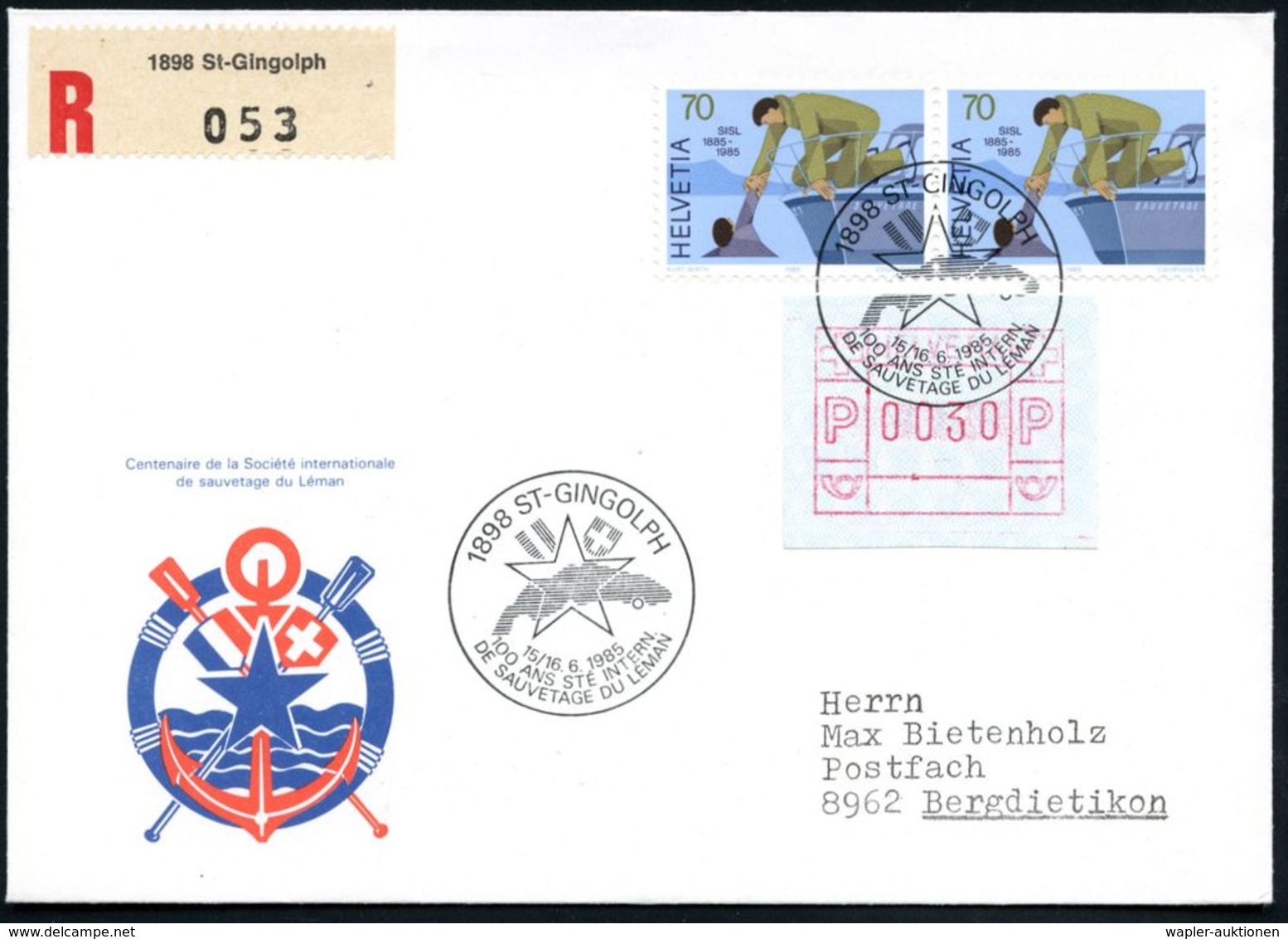 SCHWEIZ 1985 (Juni) SSt: 1898 ST-GINGOLPH/100 ANS.../DE SAUVETAGE DU LEMAN Auf Passender 70 C. SISL Genfer See, Seenotre - Feuerwehr