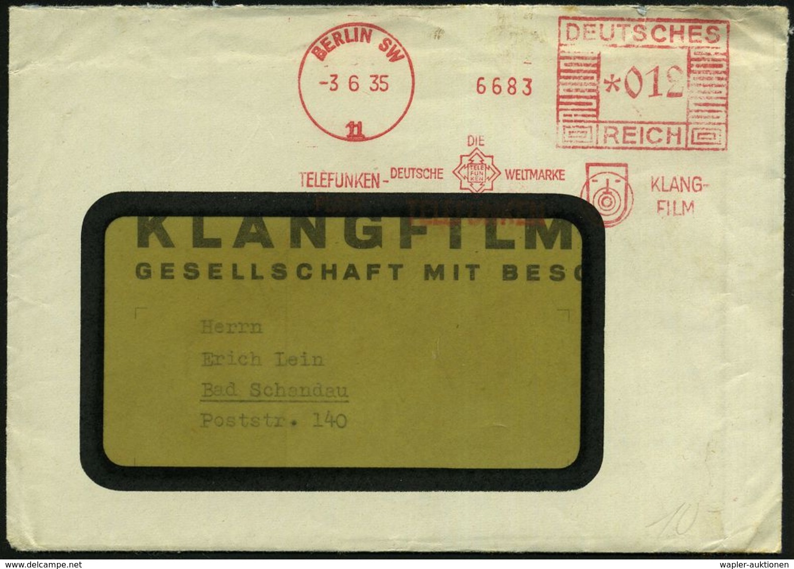 BERLIN SW/ 11/ TELEFUNKEN-/ PLATTE/ TELEFUNKEN/ KLANG-/ FILM 1935 (3.6.) AFS (2 Logi) + Inhalt: Briefbogen "Klangfilm" , - Cinema