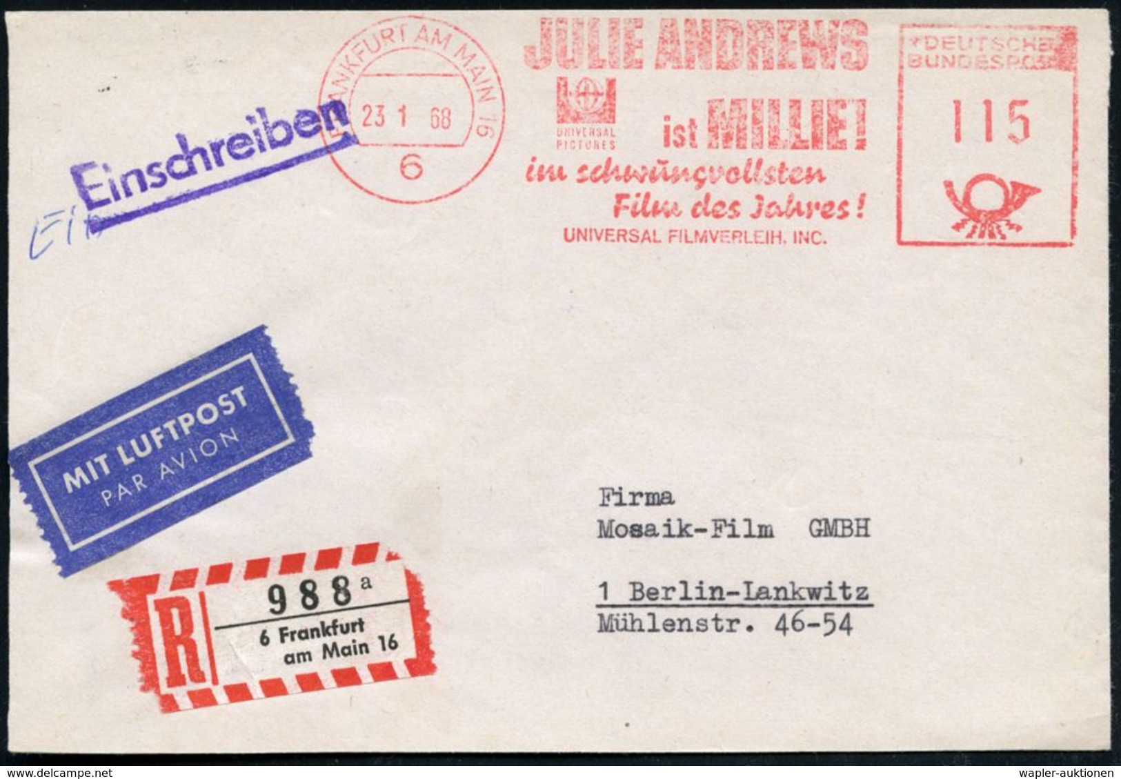 6 FRANKFURT AM MAIN 16/ JULIE ANDREWS/ Ist MILLIE!/ ..UNIVERSAL FILMVERLEIH INC. 1968 (23.1.) AFS 115 Pf. + RZ: 6 Frankf - Cinema