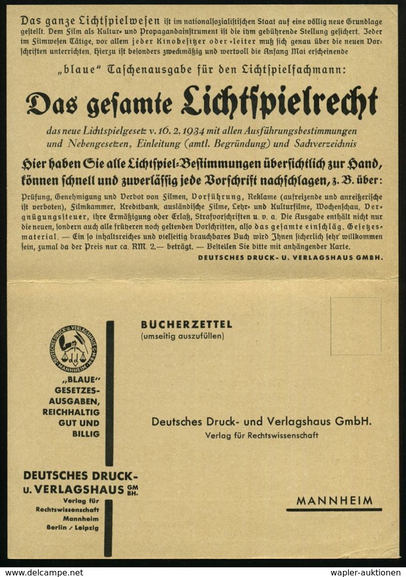 MANNHEIM 2/ DEUTSCHES REICH 1934 (12.5.) PFS 3 Pf. A. Reklame-Klapp-Kt: ..das Neue Lichtspielgesetz V.16.2.1934.. = NS-K - Cinema