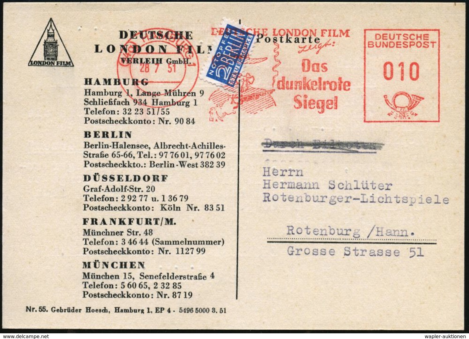 (24a) HAMBURG 1/ DEUTSCHE LONDON FILM/ Zeigt:/ Das/ Dunkelrote/ Siegel 1951 (28.7.) AFS = Literatur-Verfilmung Nach Baro - Cinema