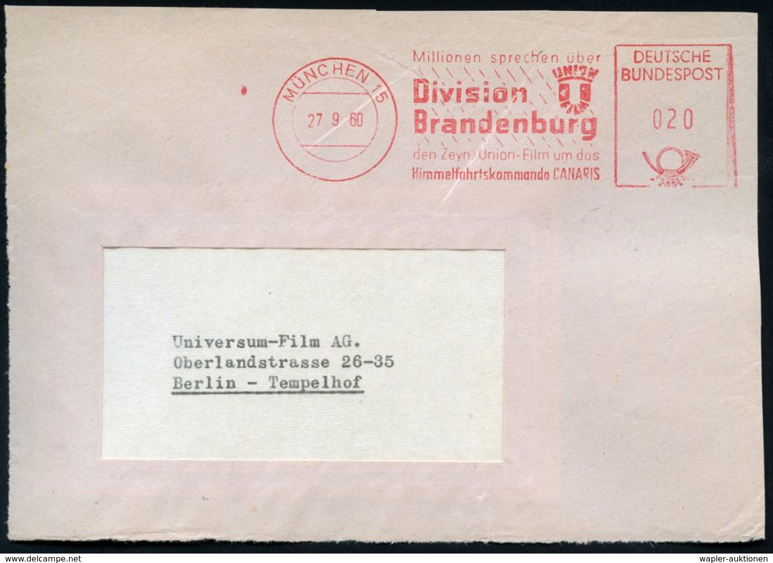 MÜNCHEN 15/ ...Division/ Brandenburg/ UNION/ FILM/ ..Himmelfahrtskommando CANARIS 1960 (9.11.) Seltener AFS = Film über  - Cinema