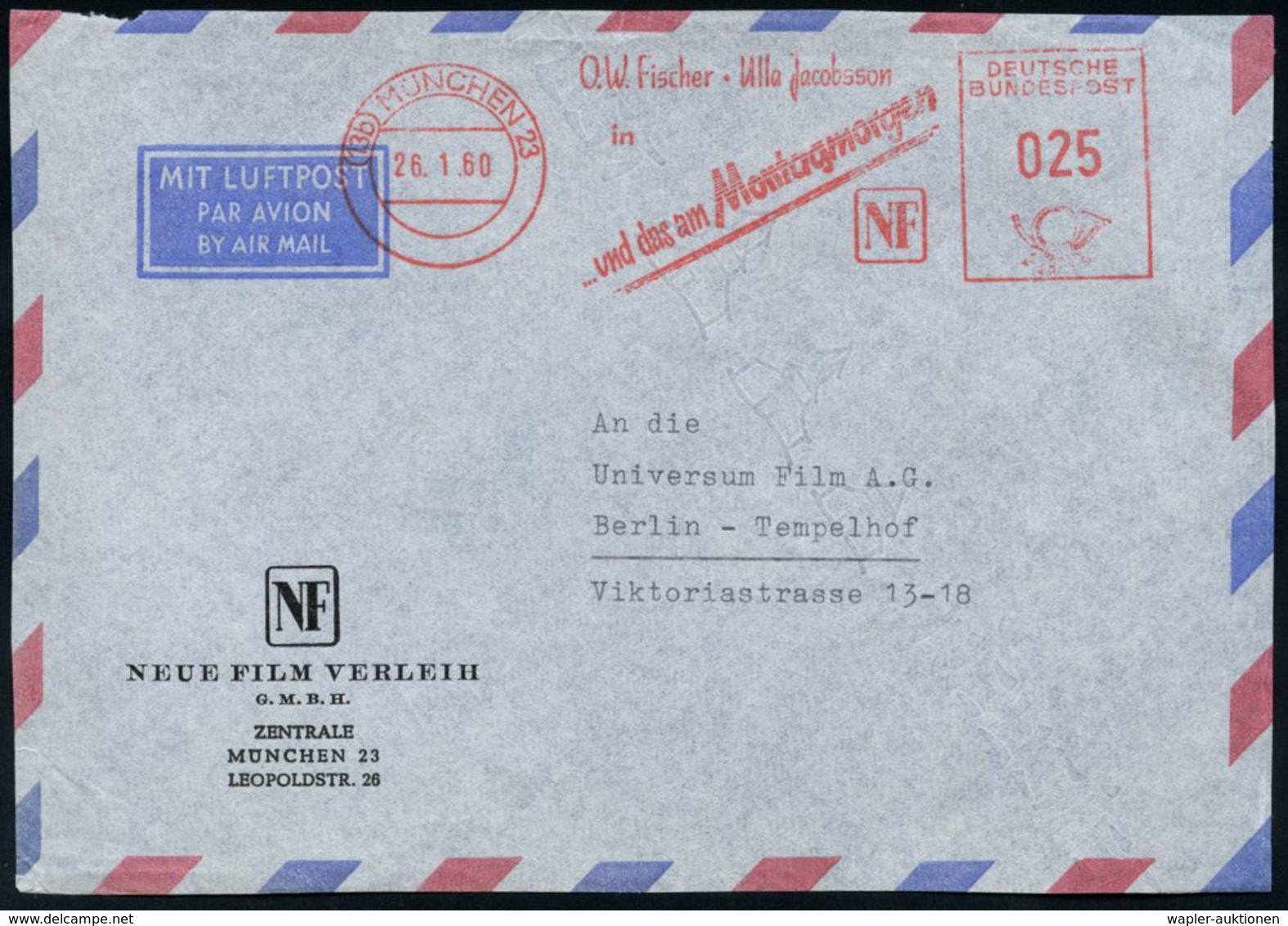 (13b) MÜNCHEN 23/ O.W.Fischer-Ulla Jacobsson/ In/ ..und Das Am Morgengrauen/ NF 1960 (26.1.) Seltener AFS 025 Pf. (Regie - Cinema