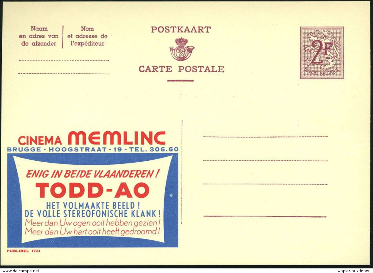 BELGIEN 1959 2 F. Reklame-P Löwe, Weinrot: CINEMA MEMLIC/BRUGGE/TODD-AO/HET VOLMAAKTE BEELD!/DE VOLLE STEREOFONISCHE KLA - Cinema