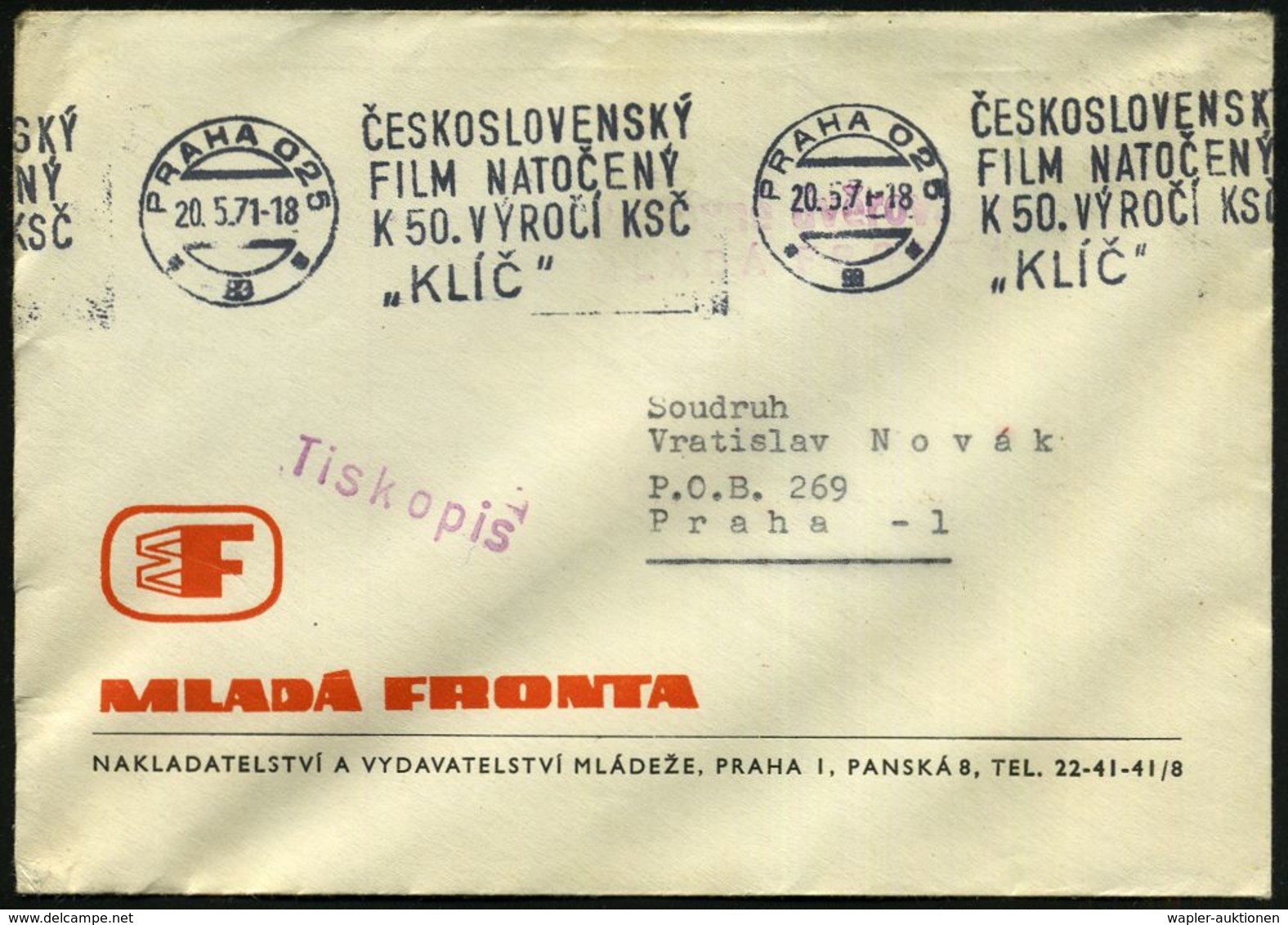 TSCHECHOSLOWAKEI 1971 (20.5.) BdMWSt.: PRAHA O25/CESKOSLOVENSKY/FIL NATOCENY/K50. VYROCI KSC/"KLICK" + Barfrankatur-Stem - Film