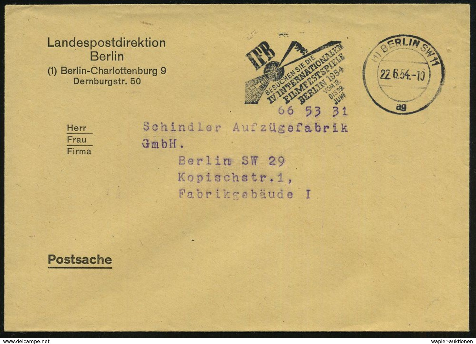 (1) BERLIN SW 11/ Ag/ IFB/ ..IV.INTERNAT./ FILMFESTSPIELE.. 1954 MWSt = Flaggen Als Projektion (u. Globus) Klar Gest. Po - Kino