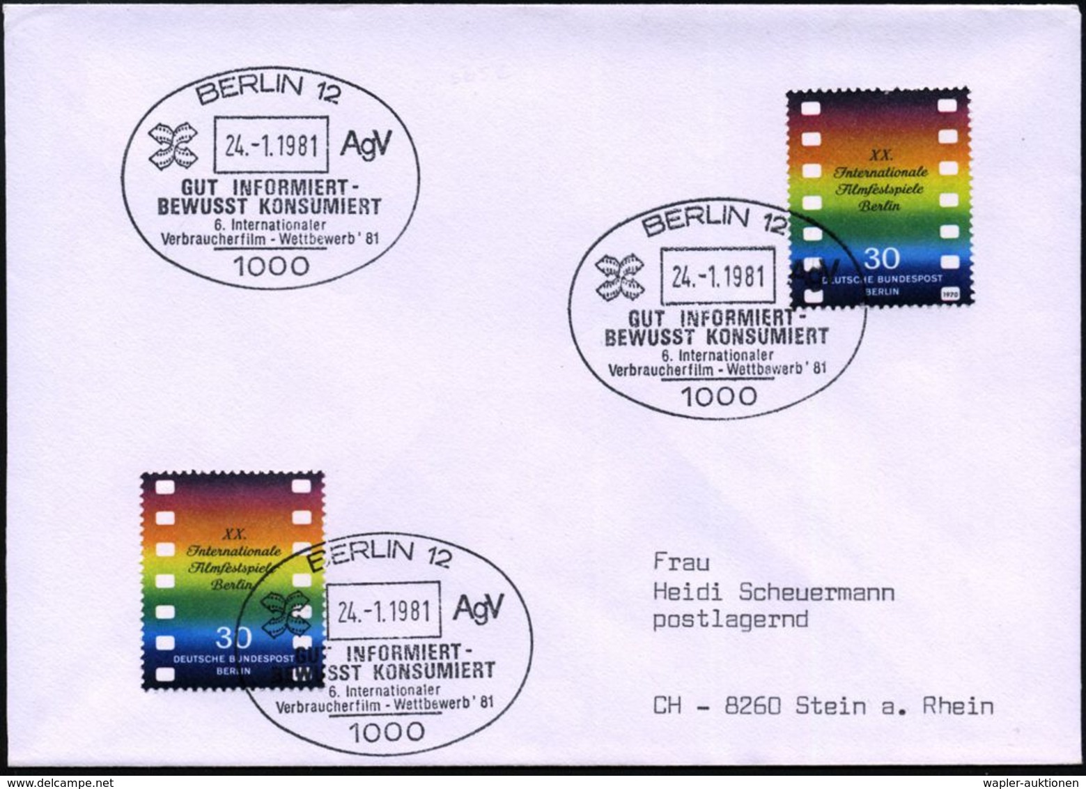 1000 BERLIN 12/ GUT INFORMIERT../ 6.Int./ Verbraucherfilm-Wettbewerb 1981 (24.1.) SSt Auf 2x 30 Pf. Filmfest Berlin (Mi. - Film