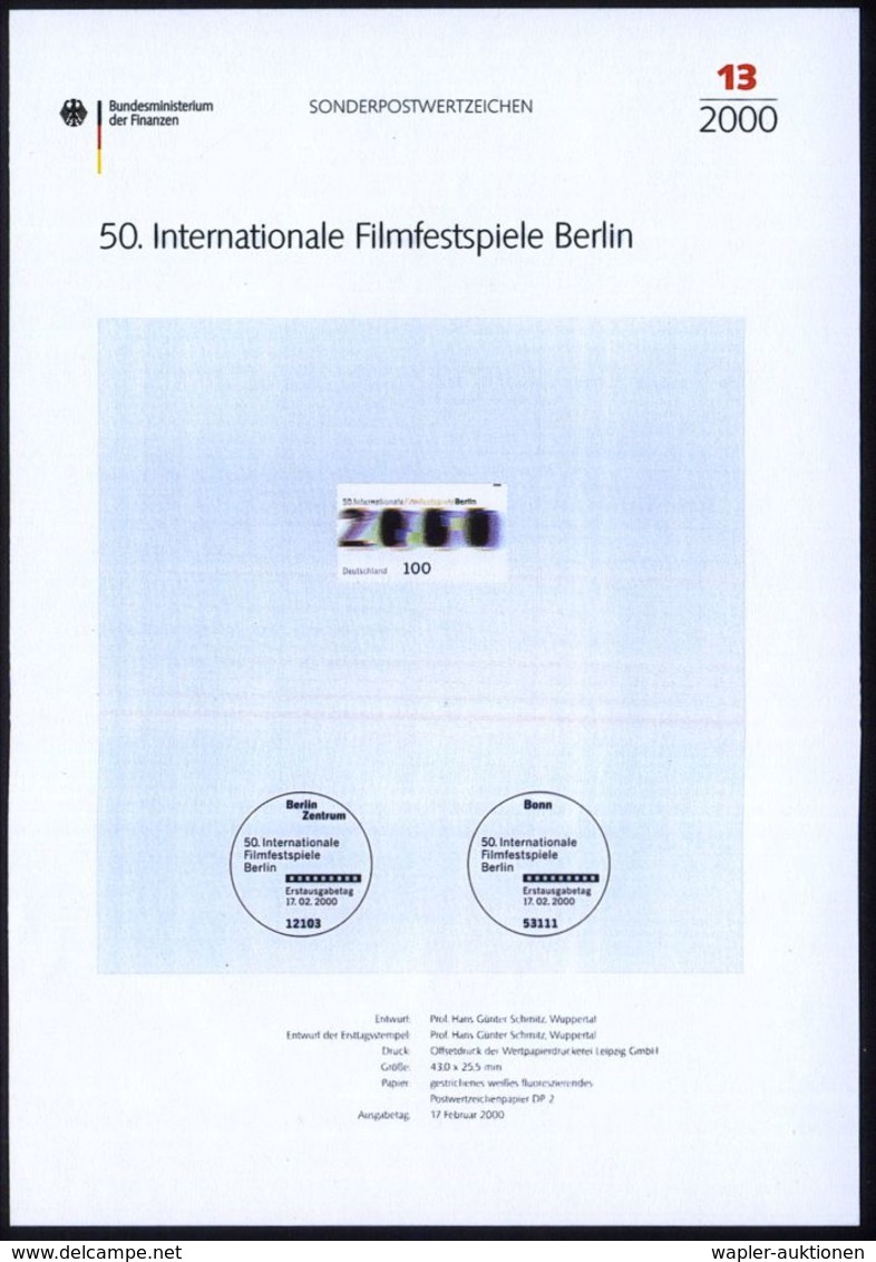 B.R.D. 2000 (Feb.) 100 Pf. "50 Jahre Internat. Filmfest Berlin" Mit Amtl. Handstempel  "M U S T E R" , Postfr. + Amtl. A - Kino