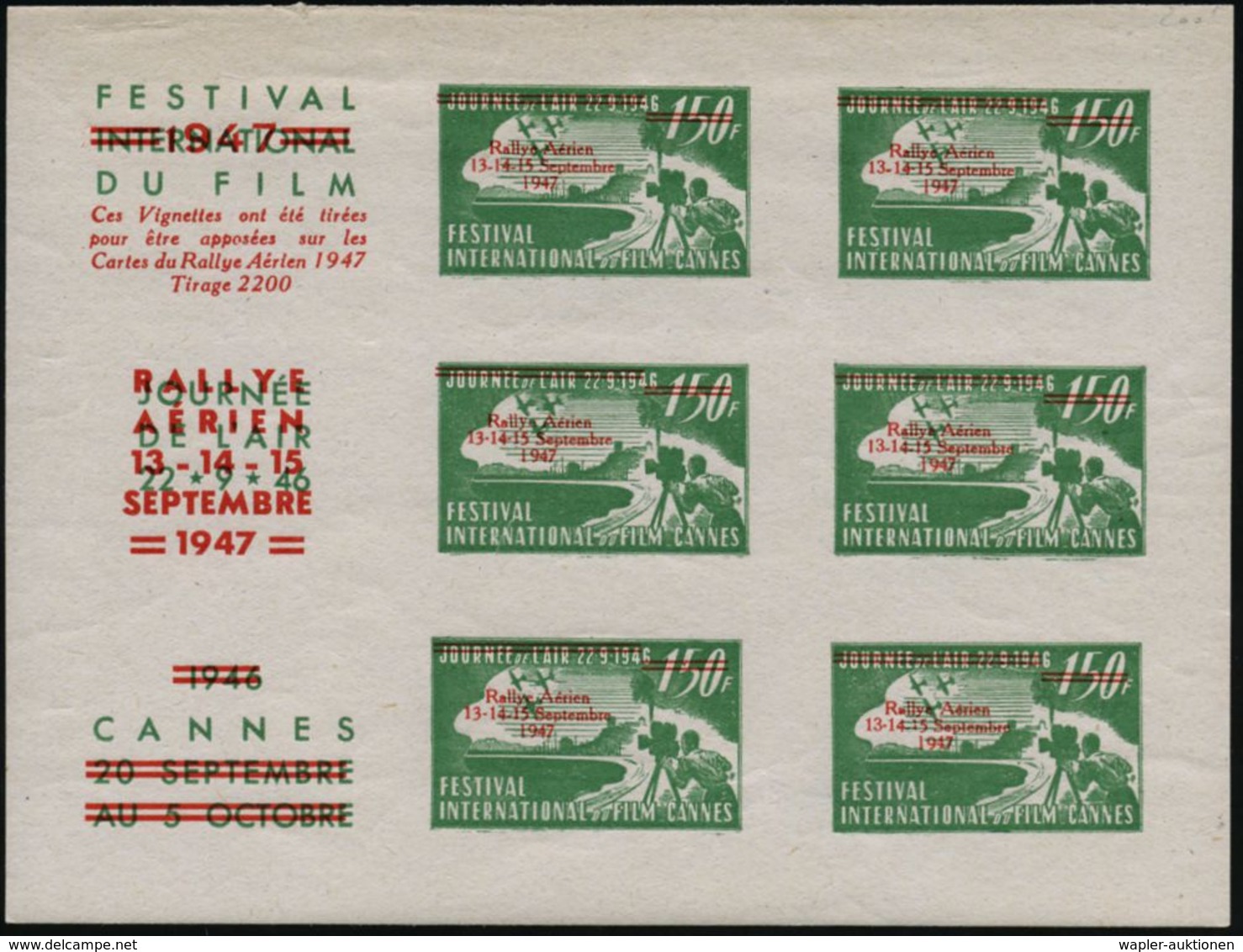 FRANKREICH 1947 (Sept.) 150 F. Ungez. Vignetten-Kleinbogen "FESTIVAL DU FILM 1947 CANNES" (roter Aufdruck) Zum Gl. Anlaß - Cinéma