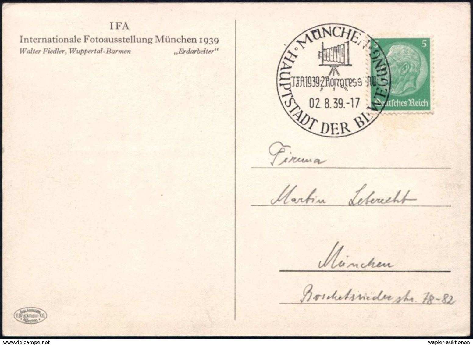 MÜNCHEN/ JFA 1939-Kongress JAU/ HDB 1939 (2.8.) SSt = Balgen-Kamera (auf Stativ) Auf S/w.-Sonder-Kt.: IFA/ Inter-nationa - Photographie