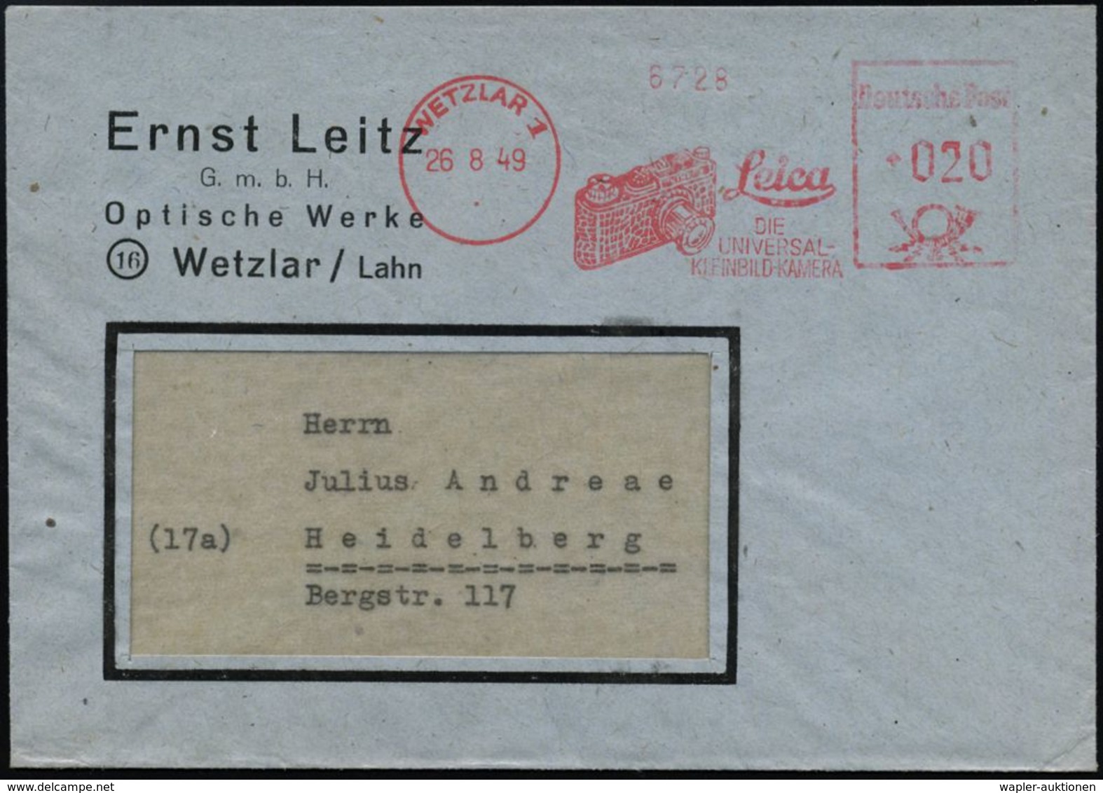 WETZLAR 1/ Leica/ DIE/ UNIVERSAL-/ KLEINBILDKAMERA 1949 (26.8.) AFS = Kleinbildkamer "Leica" , Firmen-Bf.: Ernst Leitz G - Photographie