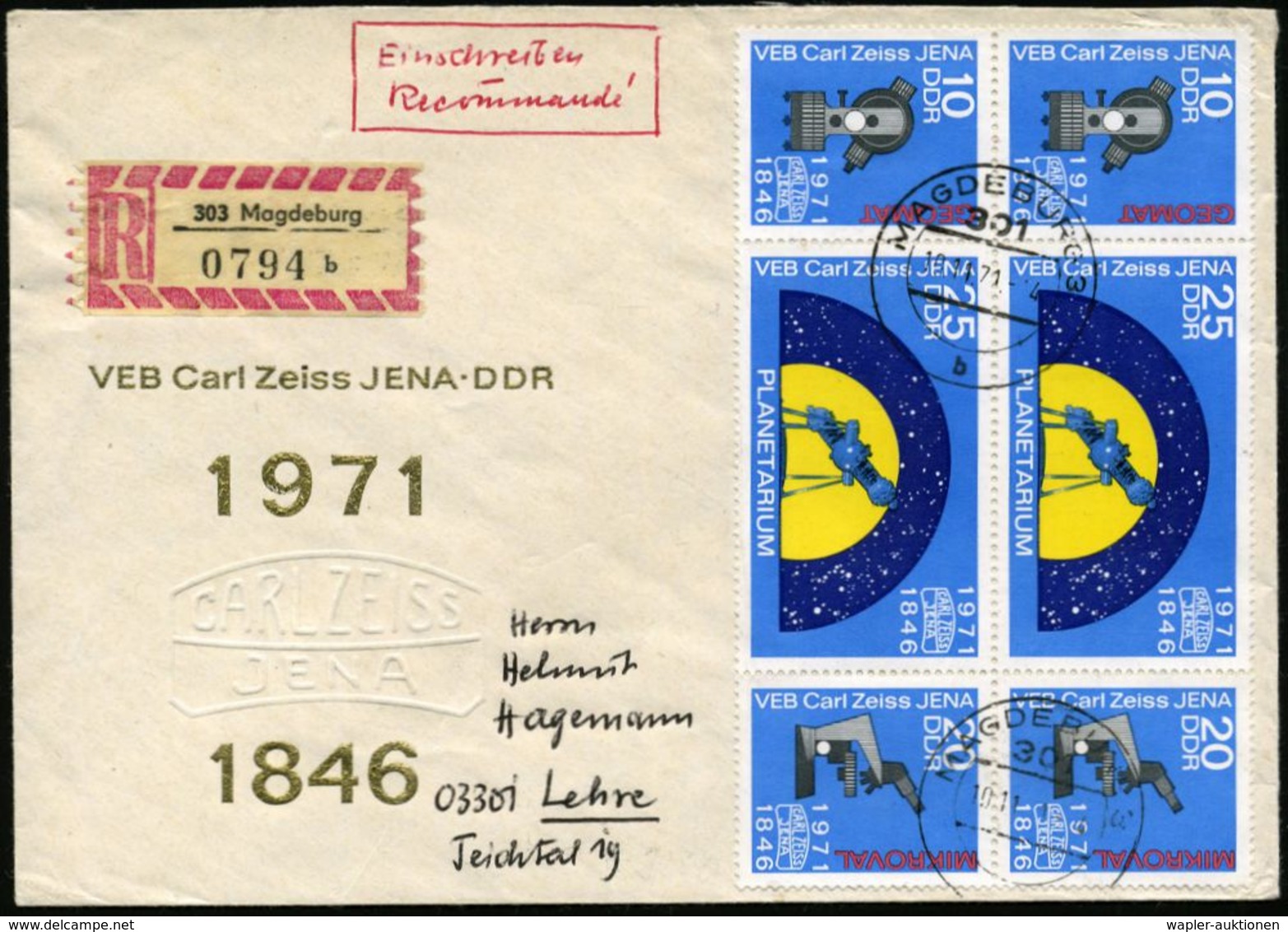 D.D.R. 1971 (10.11.) "125 Jahre Carl Zeiss Jena" Zus.-Druck 10 + 25 + 20 Pf. Als MeF: Paar + RZ: 303 Magdeburg/b, Dekora - Photographie