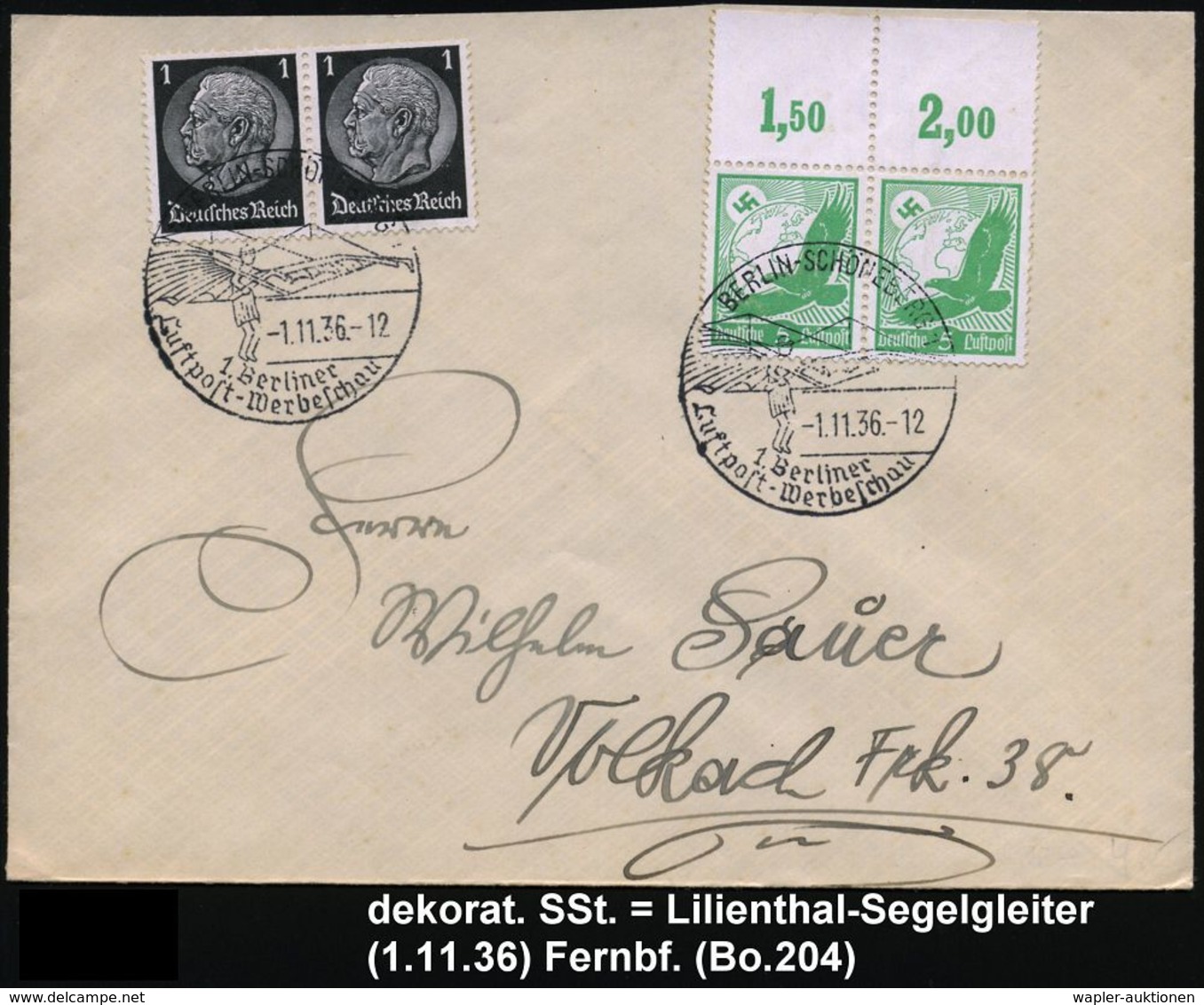BERLIN-SCHÖNEBERG 1/ 1.Berliner/ Luftpost-Werbeschau 1936 (1.11.) SSt = Lilienthal-Hängegleiter , 2x Klar Gest. Inl.-Bf  - Andere (Lucht)