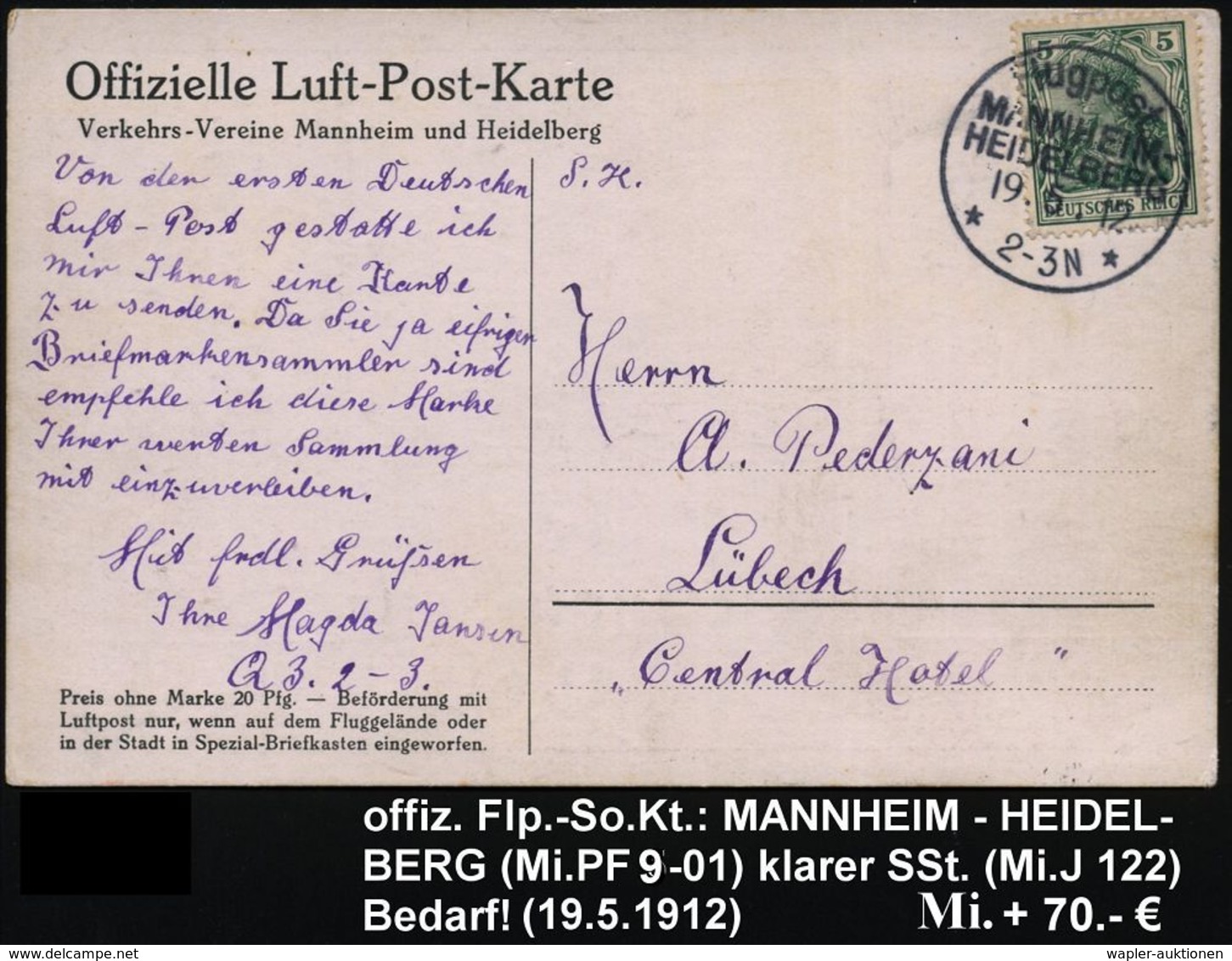 MANNHEIM-/ HEIDELBERG/ Flugpost/ ** 1912 (19.5.) SSt Auf Offiz. Flugpost-Sonder-Kt.: ERSTE DEUTSCHE LUFT-POST MANNHEIM/  - Andere (Lucht)