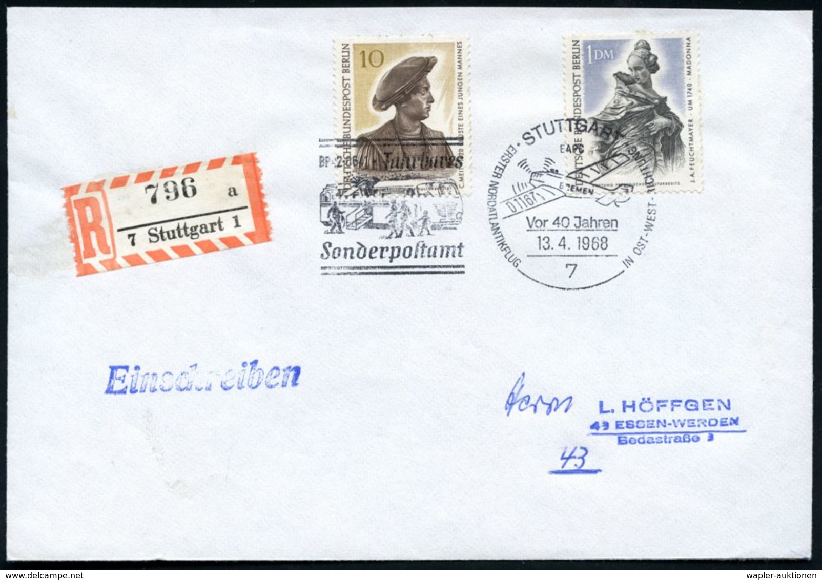 7 STUTTGART/ ..Fahrb./ Sonderpostamt/ ERSTER NORDATLANTIKFLUG..OST-WEST.. 1968 (13.4.) FaWSt = Junkers W 33 ("Bremen") + - Andere (Lucht)