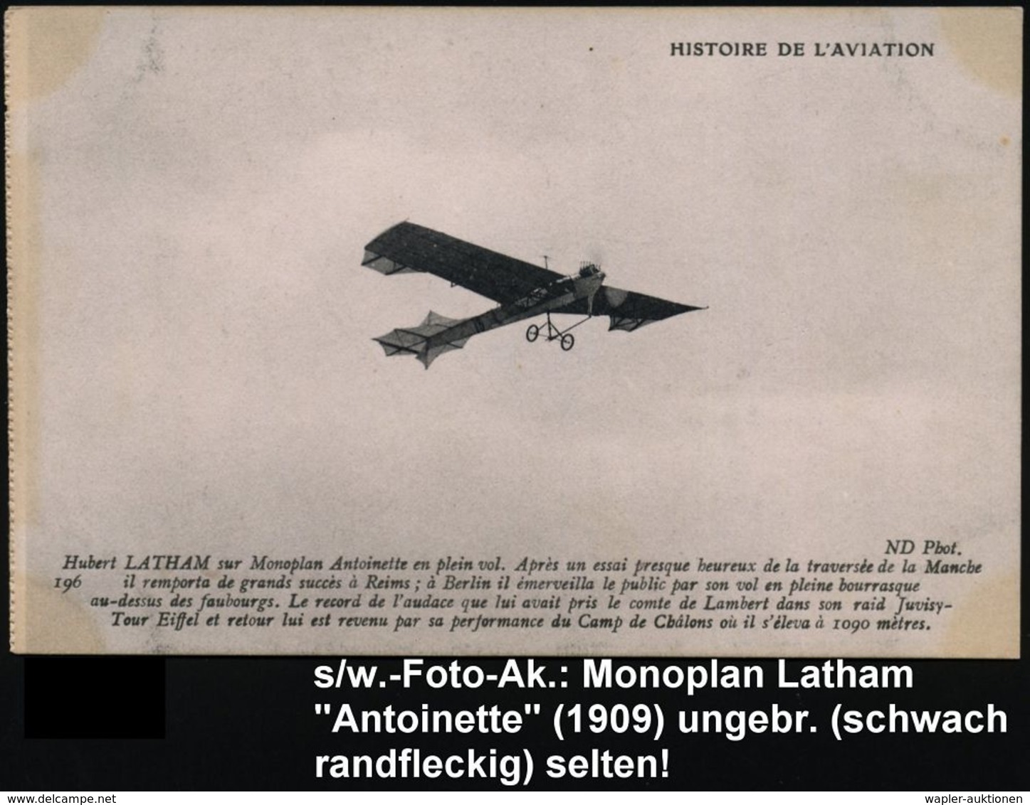 FRANKREICH 1909 S/w.-Foto-Ak.: Hubert LATHAM Sur Monoplan Antoinette (schwach Fleckig) Ungebr. (Uhv. ND Phot 196) - - Autres (Air)