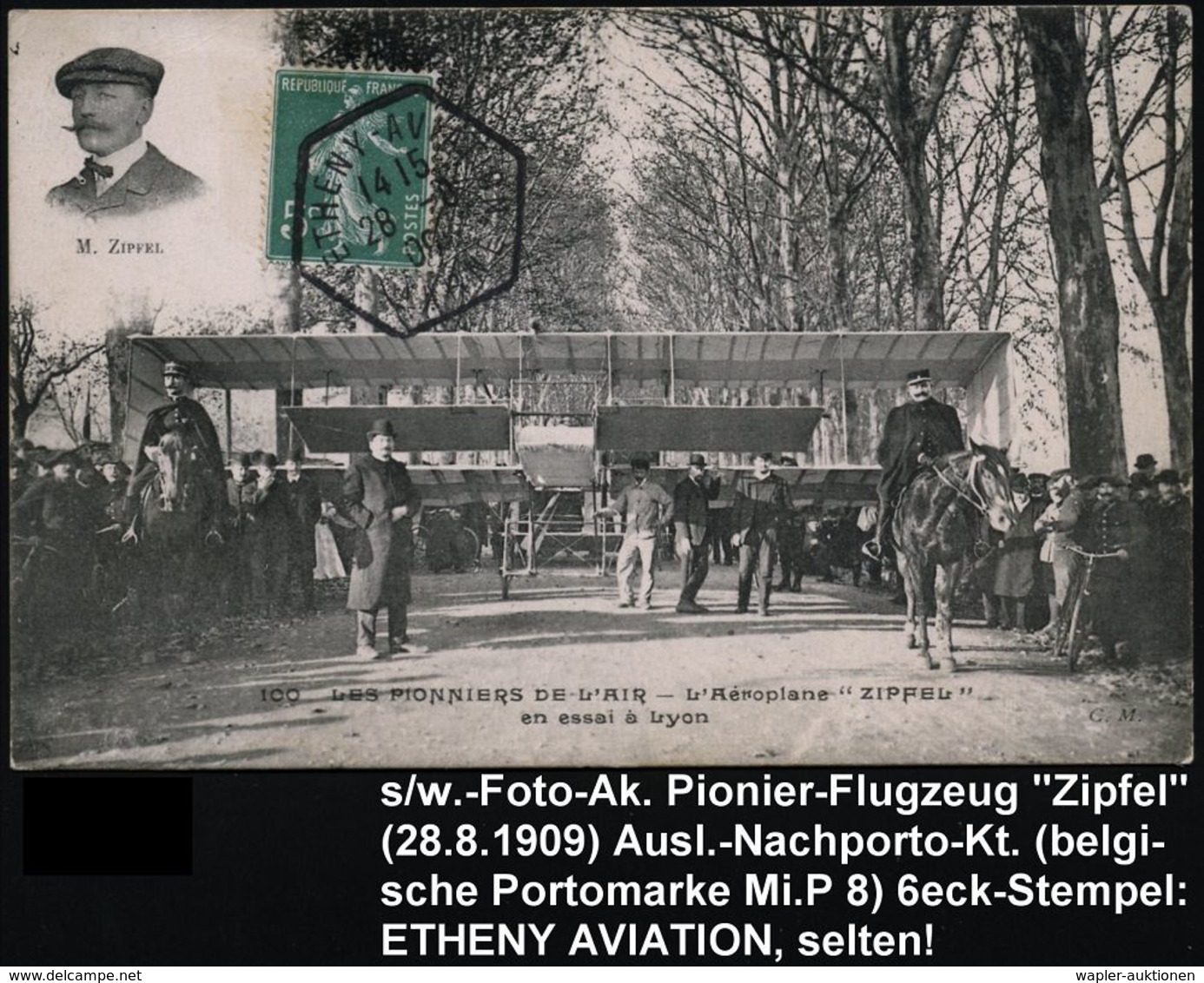 FRANKREICH 1909 (28.8.) 6eck-SSt: BETHENY-AVIATION/MARNE Vs. A. Foto-Ak: M. Zipfel, Aéroplan "ZIPFEL" , Seltene, Frühe B - Autres (Air)