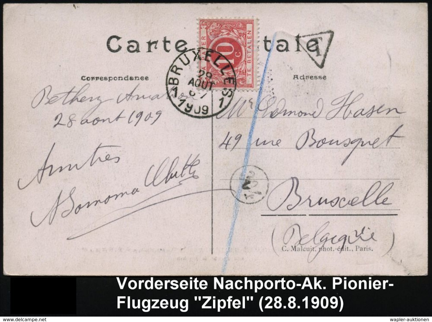 FRANKREICH 1909 (28.8.) 6eck-SSt: BETHENY-AVIATION/MARNE Vs. A. Foto-Ak: M. Zipfel, Aéroplan "ZIPFEL" , Seltene, Frühe B - Andere (Lucht)