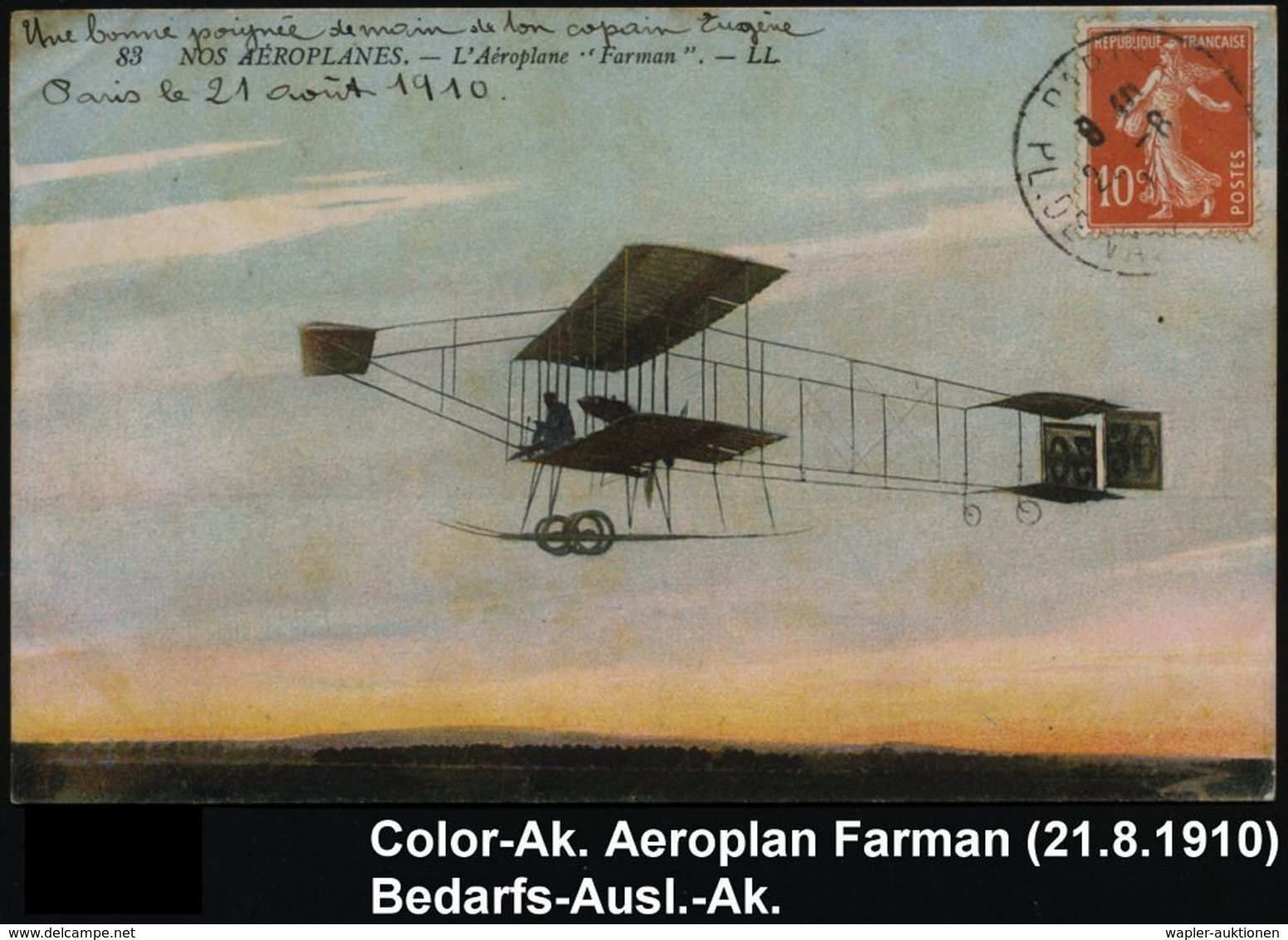 FRANKREICH 1910 (16.8.) S/w.-Foto-Ak.: Le Lieutenant Féquant Sur Appareil H. Farman (Pilot Auf Farman Militär-Doppeldeck - Andere (Lucht)