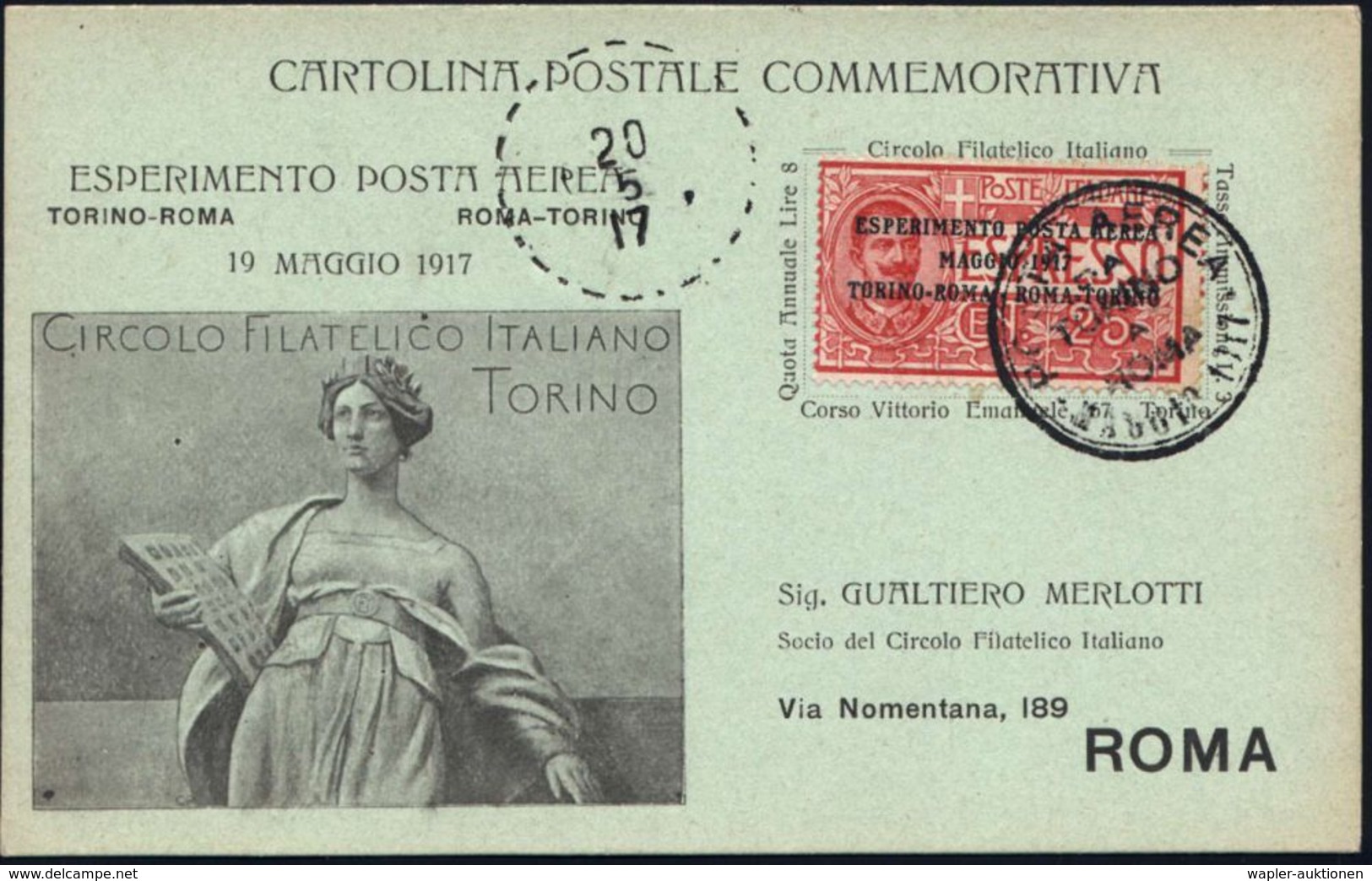 ITALIEN 1917 (20.5.) 1K: POSTA AEREA/ROMA - TORINO Auf EF 25 C. Experimental-Erstflug (Mi. 126 EF) Seltener, Früher Inl. - Andere (Lucht)