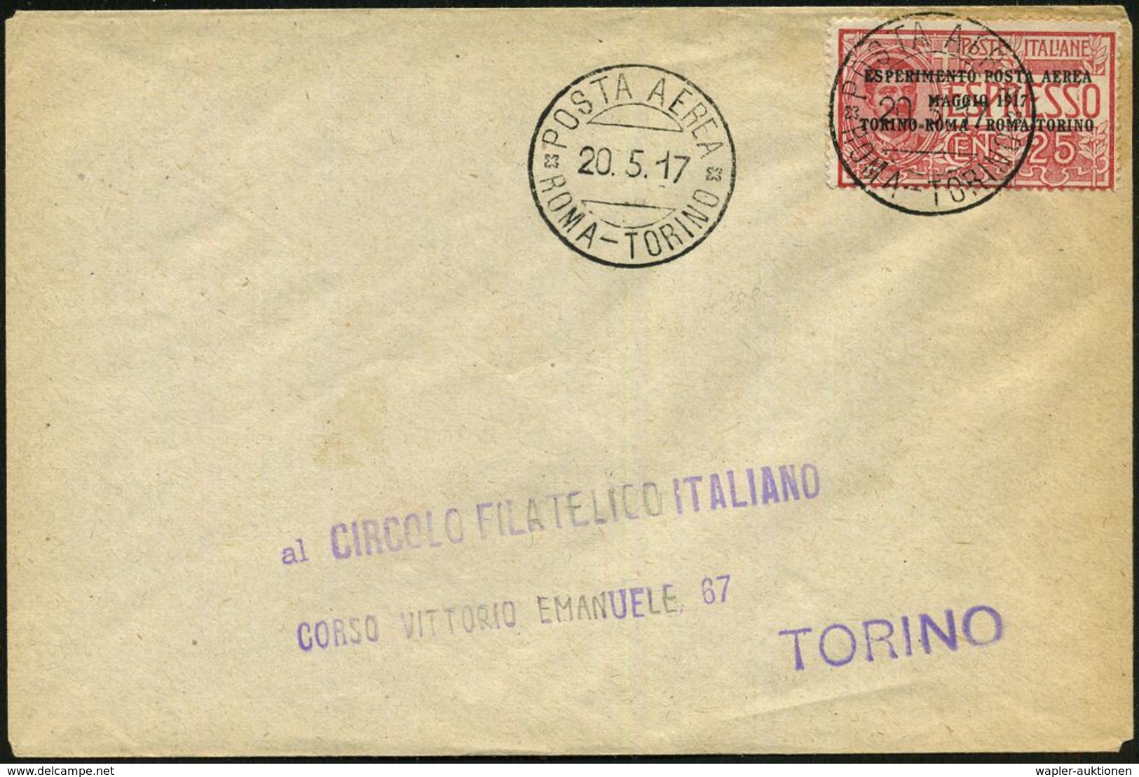 ITALIEN 1917 (20.5.) 2K: POSTA AEREA/DA/TORINO/A/ROMA/ MAGGIO 1917 Auf EF 25 C. Flp. (Mi.126 EF) Klar Gest. Experimental - Andere (Lucht)