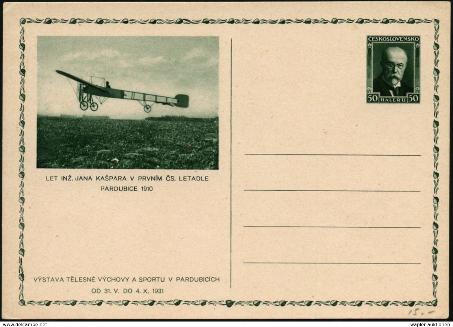 TSCHECHOSLOWAKEI 1931 50 H. BiP Masaryk, Grün: Sportausstellung Flugpionier Jan Kaspar Mit Blériot-Eindecker( In Pardubi - Andere (Lucht)