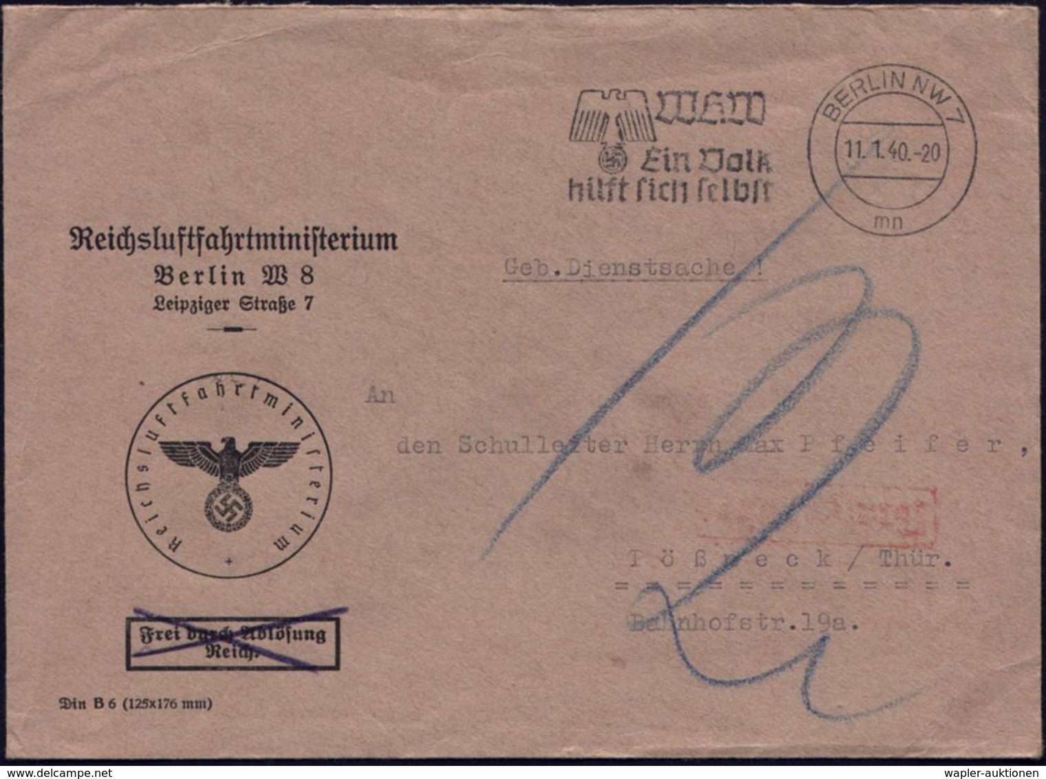 BERLIN NW7/ Mn/ WHW/ Ein Volk/ Hilft Sich Selbst 1940 (11.1.) MWSt Auf Dienst-Bf.: Reichsluftfahrtministerium../ Frei Du - Altri (Aria)