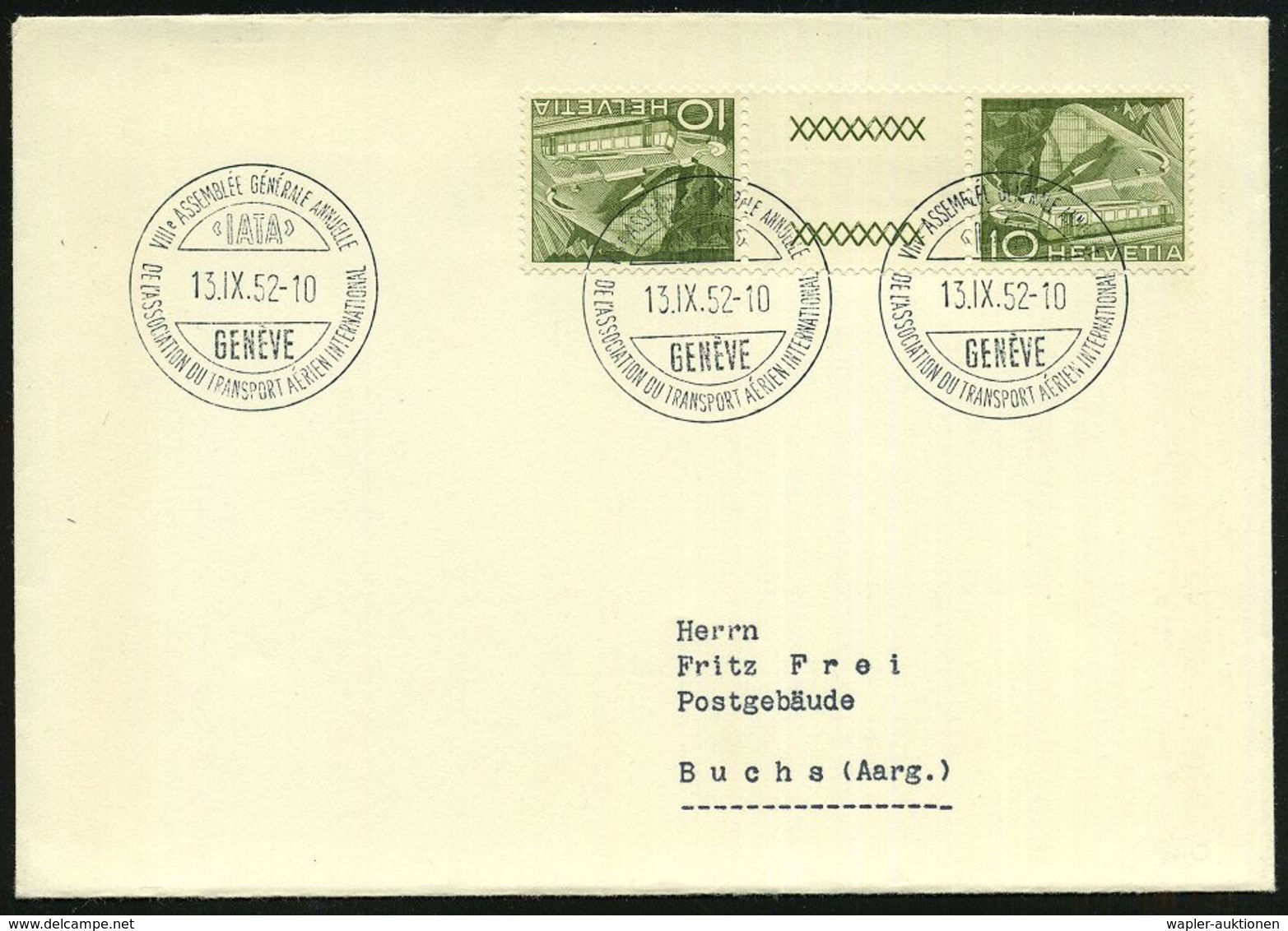 SCHWEIZ 1952 (13.9.) Seltener SSt: GENEVE/IATA/VIIIe ASSEMBLEE GENERALE ANNUELLE.. (= Internat. Luftfahrt-Organisation)  - Autres (Air)