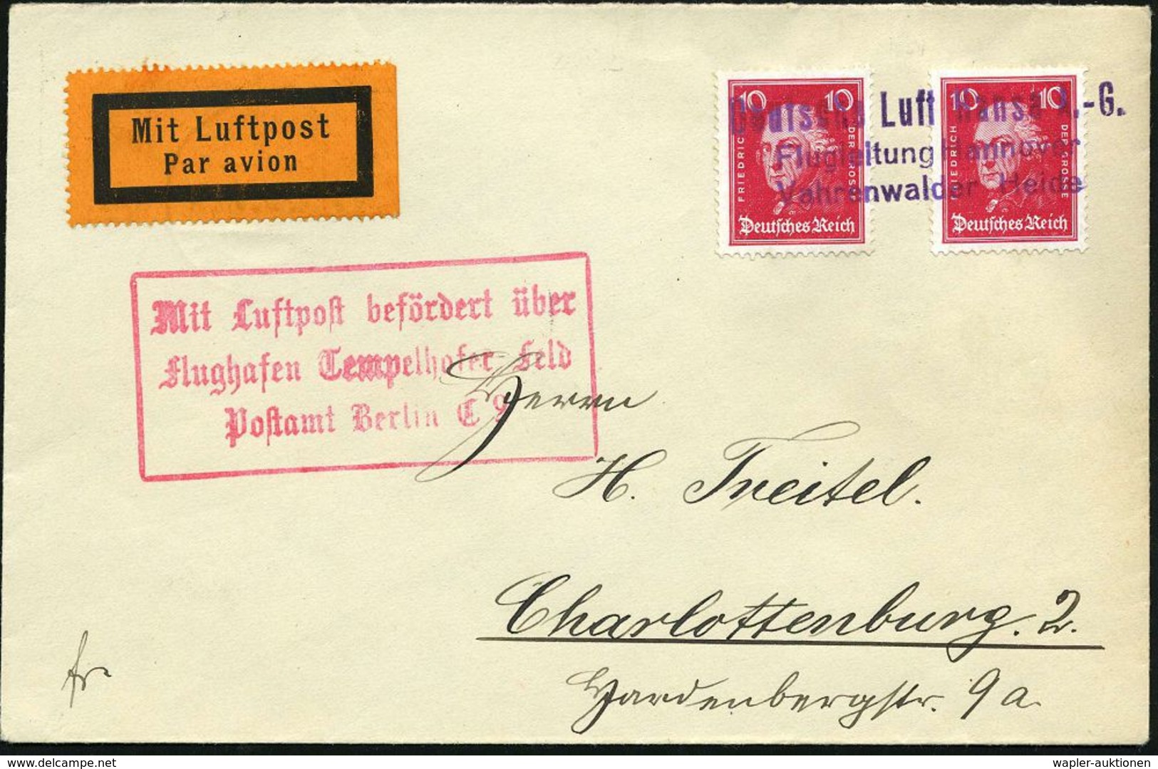 Vahrenwalder Heide/ Flugleitung Hannover/ Deutsche Lufthansa AG 1927 (31.3.) Viol. 3L-Leitstempel Auf 2x 10 Pf. Friedr.d - Altri (Aria)