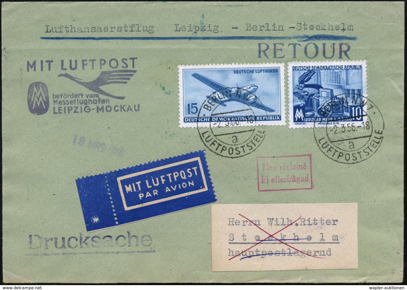 BERLIN NW 7/ A/ LUFTPOSTSTELLE 1956 (2.3.) 2K Auf 15 Pf. DLH-Ost (Mi.513, 479) + HdN: Messe-Erstflug (DLH-Kranich): Leip - Altri (Aria)