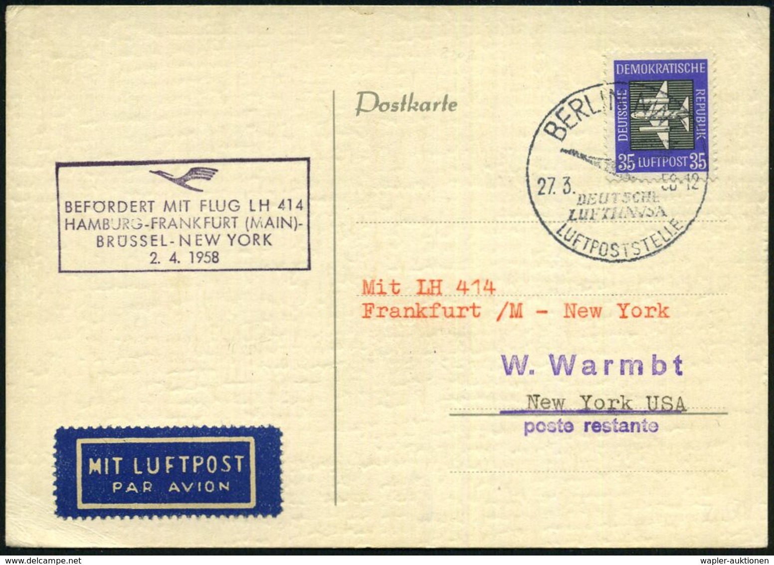 BERLIN NW 7/ DEUTSCHE/ LUFTHANSA/ LUFTPOSTSTELLE 1958 (27.3.) HWSt Auf EF DDR 35 Pf. Flp. (Mi.611 EF) + Viol. HdN: BEFÖR - Altri (Aria)