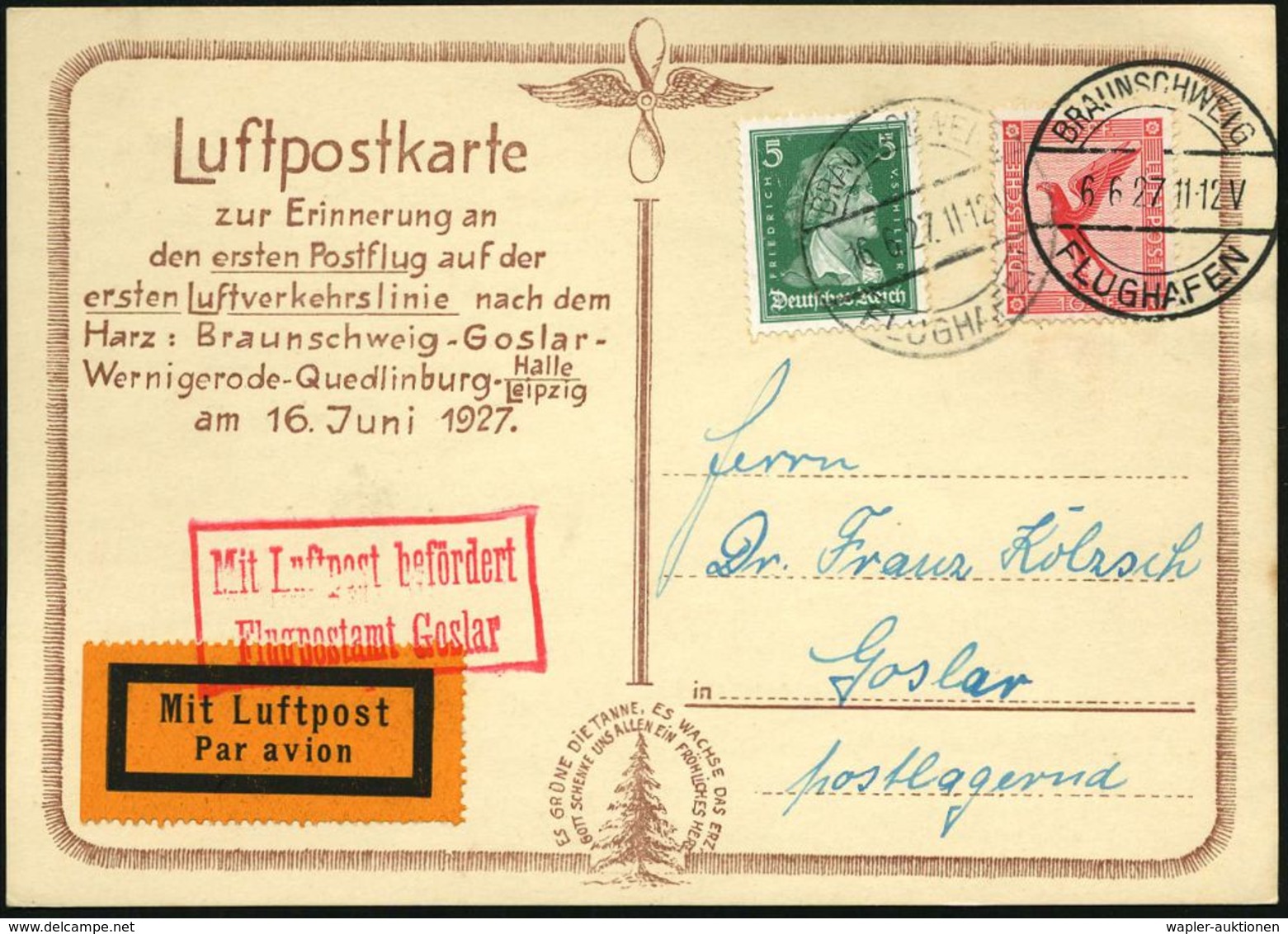 BRAUNSCHWEIG/ FLUGHAFEN 1927 (16.6.) 1K-Steg (Mi.A 7-03 A) Erstflug-Sonder-Kt.: Braunschweig - Goslar , Roter Ra.2: MLb  - Andere (Lucht)