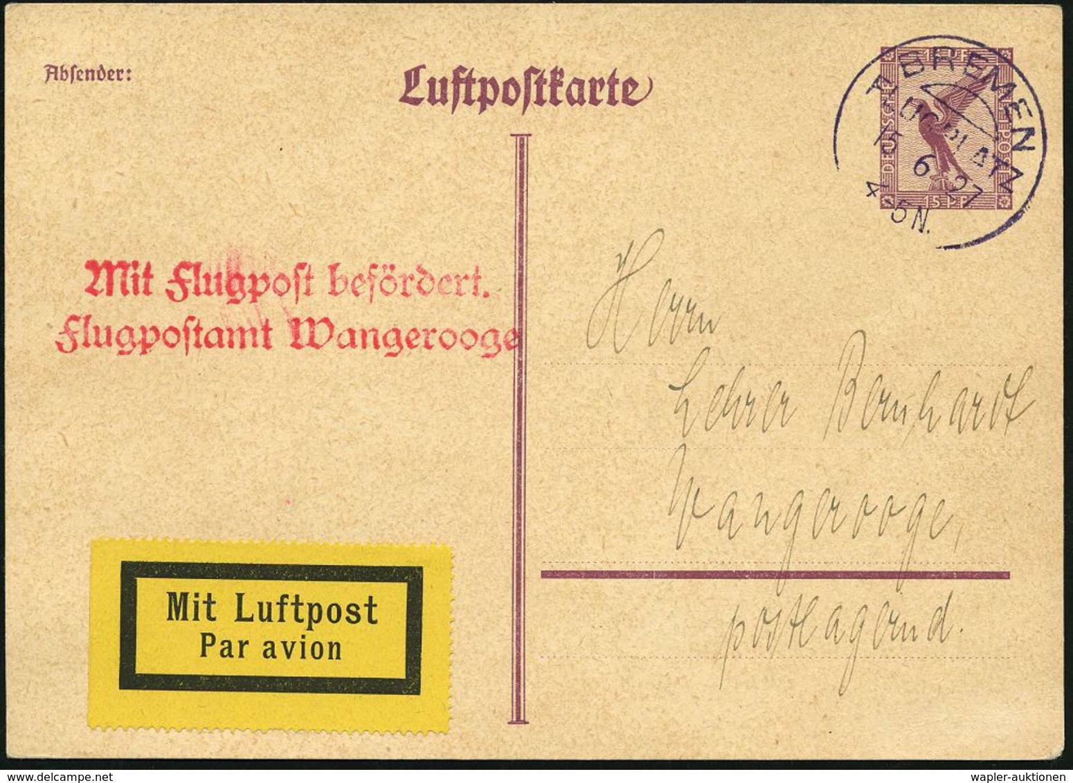 BREMEN/ FLUGPLATZ 1927 (15.6.) Viol. 1K-Segm. (Mi.A 8-01 B, + 15.-EUR) Auf LP 15 Pf. Adler, Erstflug: Bremen - Wangeroog - Altri (Aria)