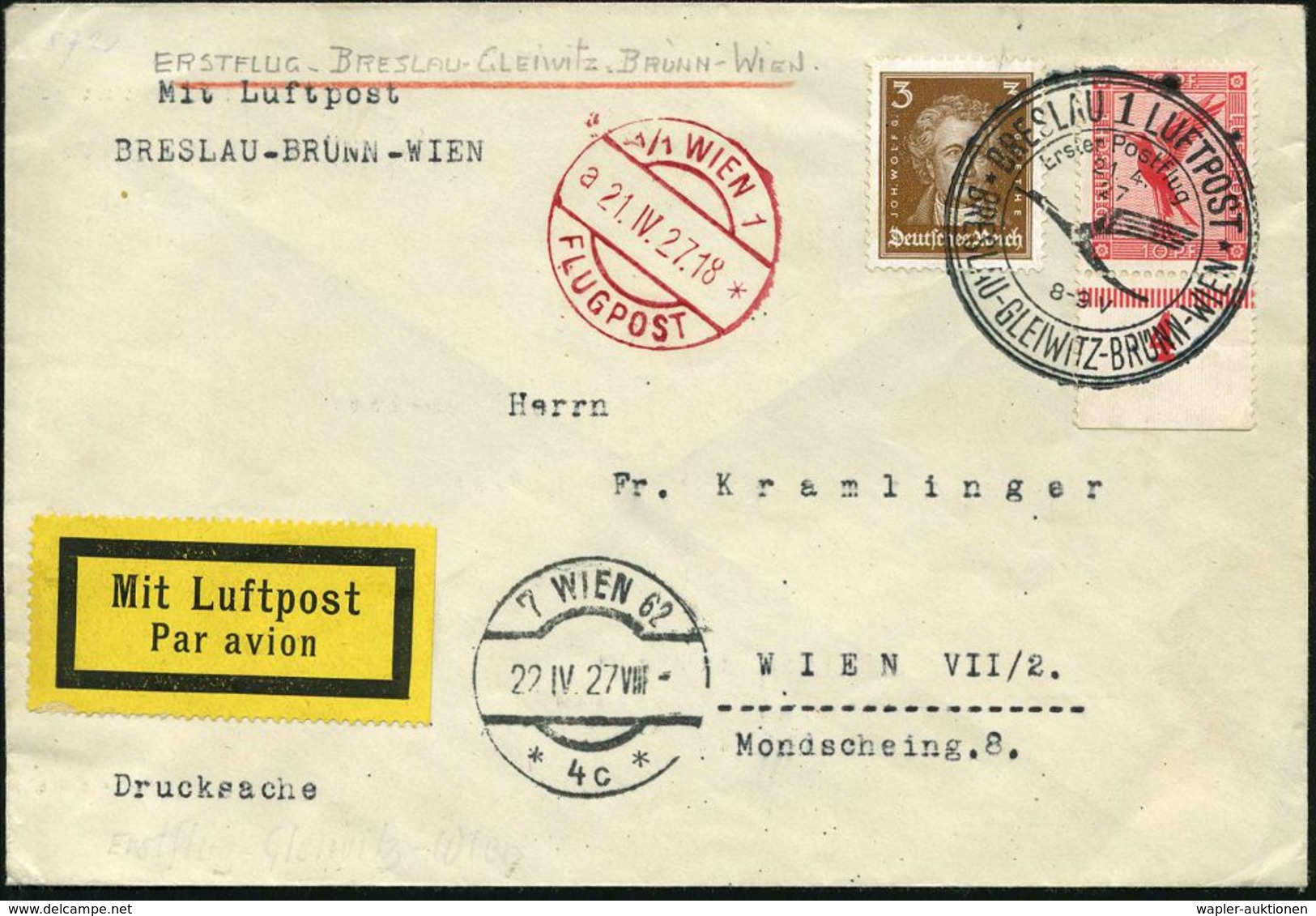 BRESLAU 1 LUFTPOST/ Erster Postflug/ BRESLAU-GLEIWITZ-BRÜNN-WIEN 1927 (21.4.) Seltener SSt (DLH-Kranich) Auf Erstflug-Bf - Andere (Lucht)