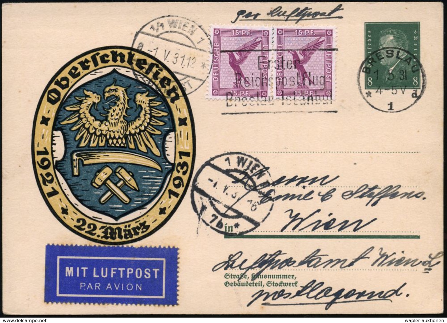 BRESLAU/ *1d/ Erster/ Reichspostflug/ Breslau-Istanbul 1931 (1.5.) MWSt Auf Oberschlesien-P 8 Pf. (Mi.P 190) + Zusatzfra - Andere (Lucht)