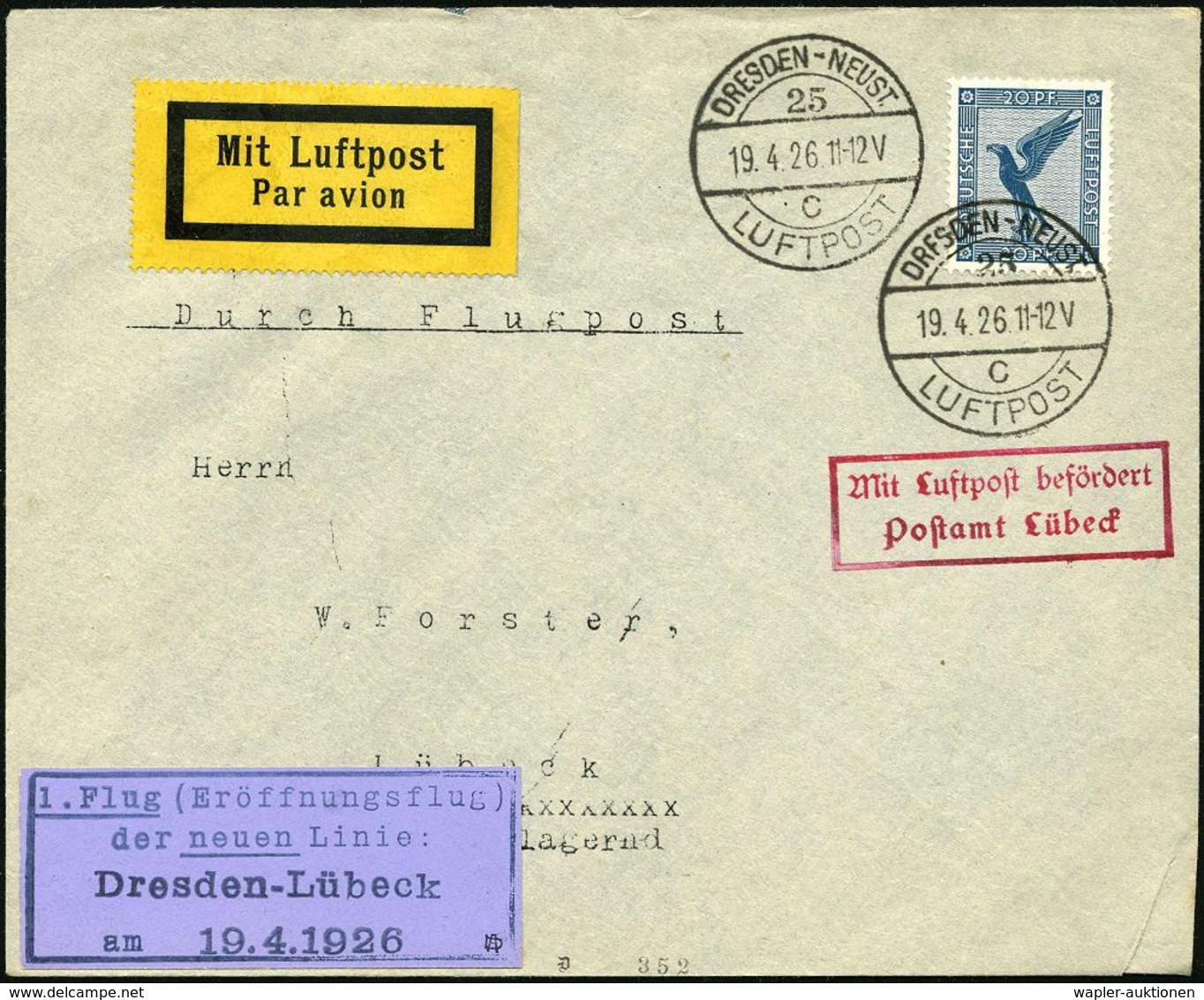 DRESDEN-NEUST./ 25/ C/ LUFTPOST 1926 (19.4.) 1K-Brücke Auf EF 20 Pf. Adler (Mi.380 EF, + 20.-EUR) + Lila Label: 1. Flug. - Andere (Lucht)