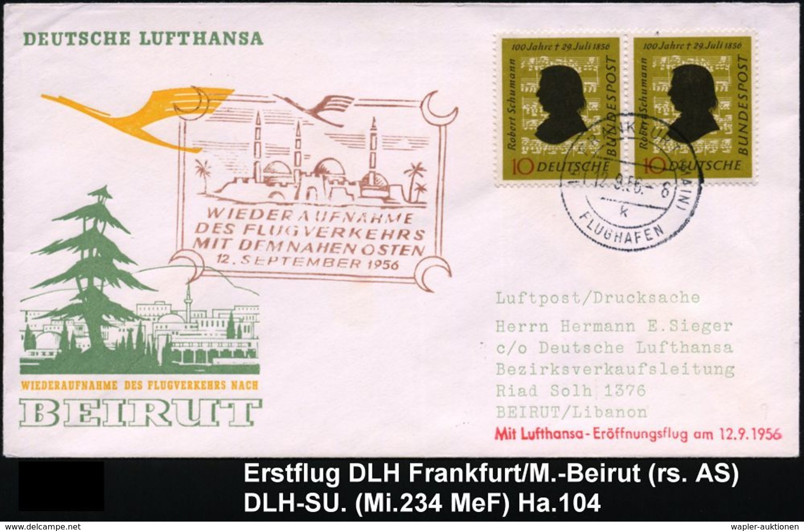 (16) FRANKFURT (MAIN)/ K/ FLUGHAFEN 1956 (12.9.) 2K-Steg Auf 2x 10 Pf. Schumann (Mi.234, MeF) + DLH-Flp.-HdN (Moschee) E - Andere (Lucht)